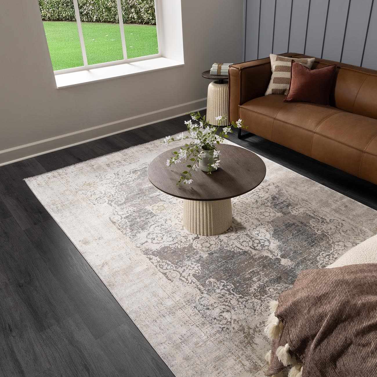 Calion Distressed Charcoal Luxury Fringed Faux Silk Rug