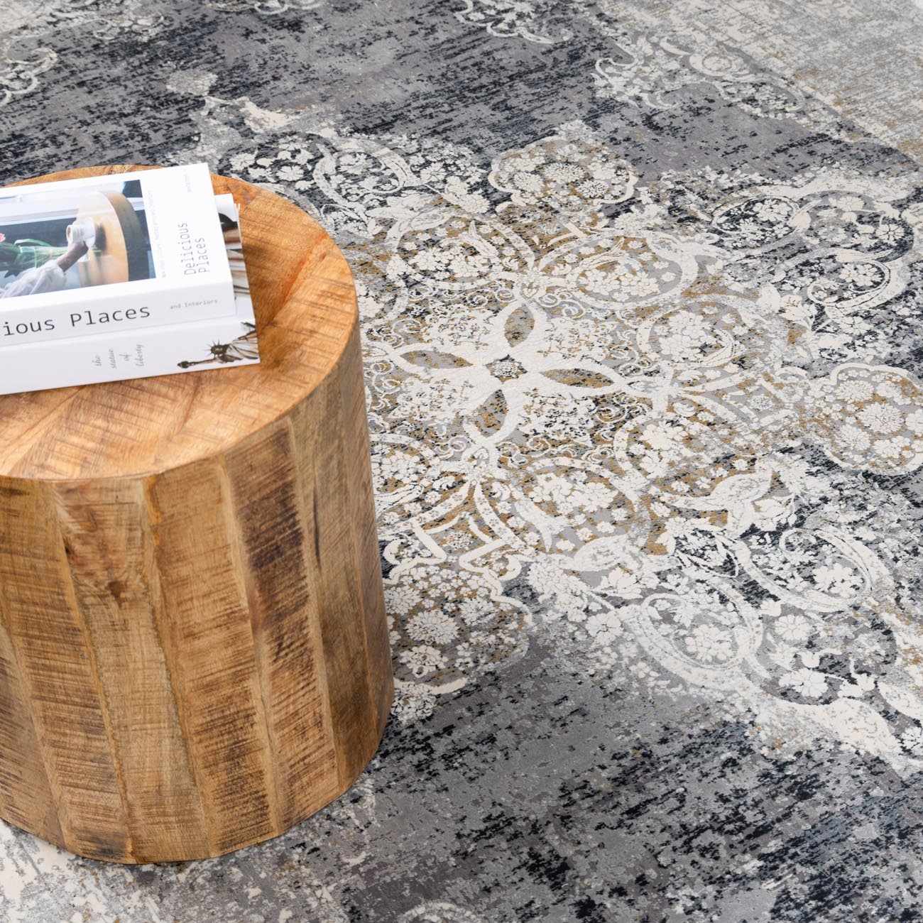 Calion Distressed Charcoal Luxury Fringed Faux Silk Rug