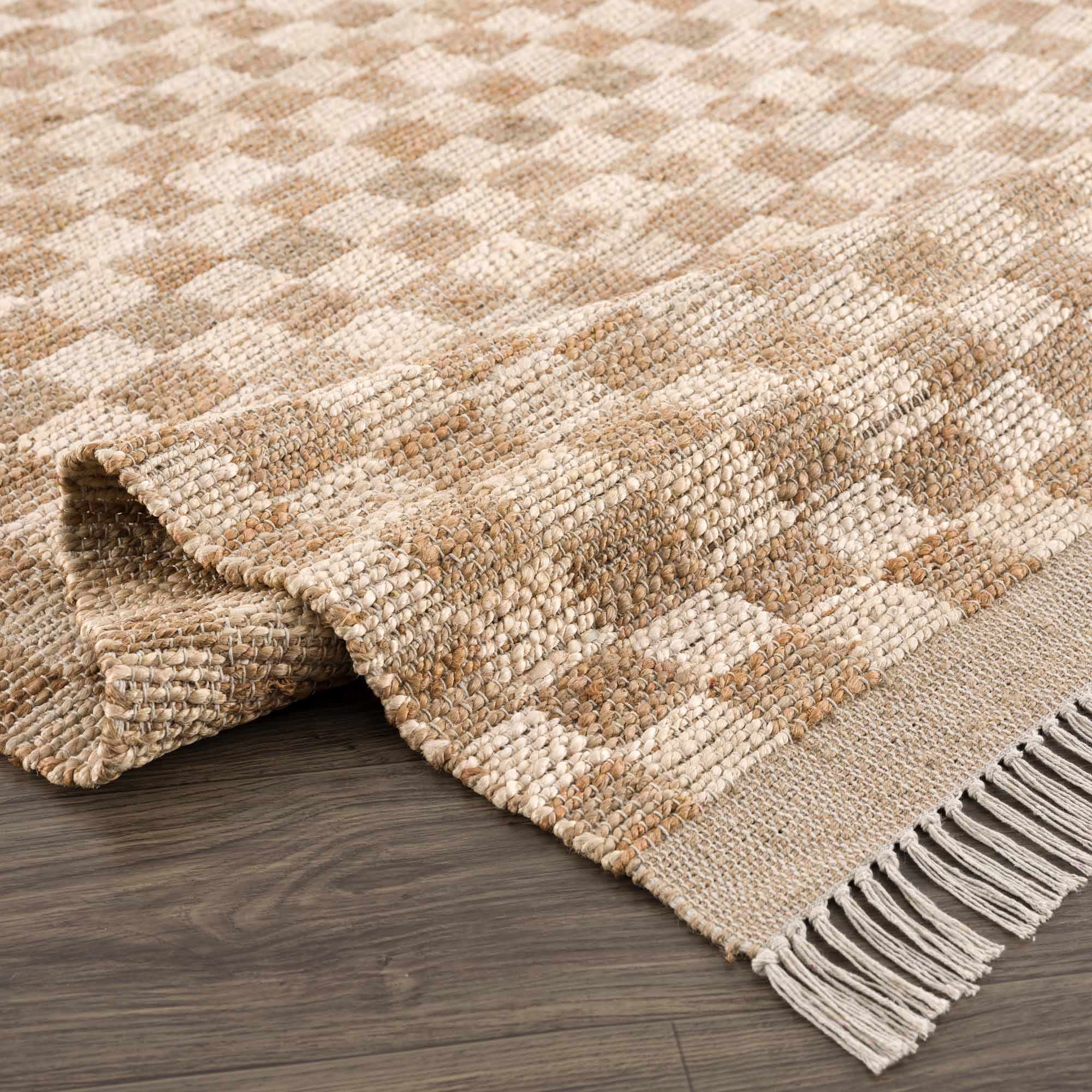 Chic Checkered Beige Hand Woven Jute Area Rug
