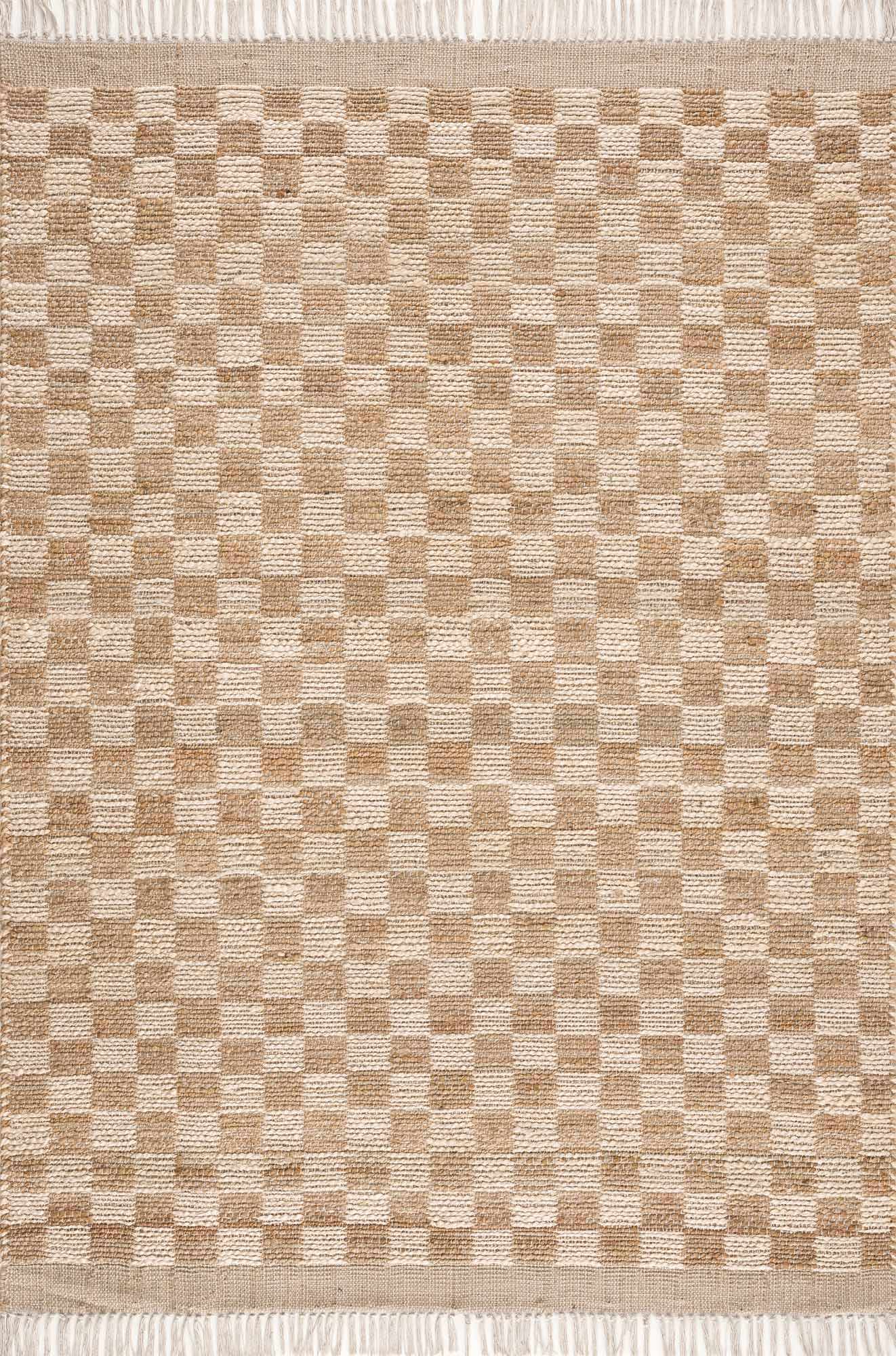 Chic Checkered Beige Hand Woven Jute Area Rug
