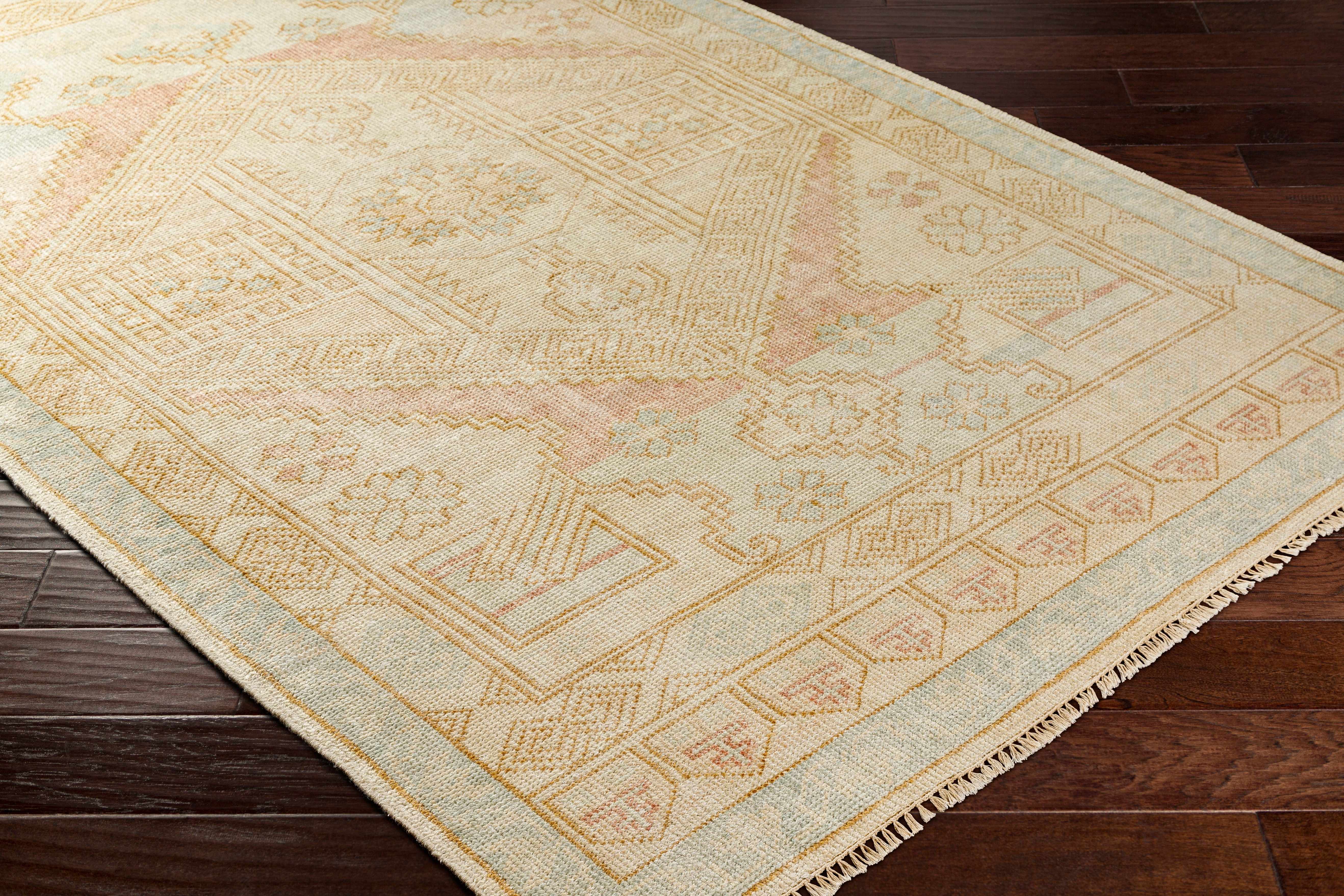 Hand-Knotted Camel & Blue Wool Area Rug