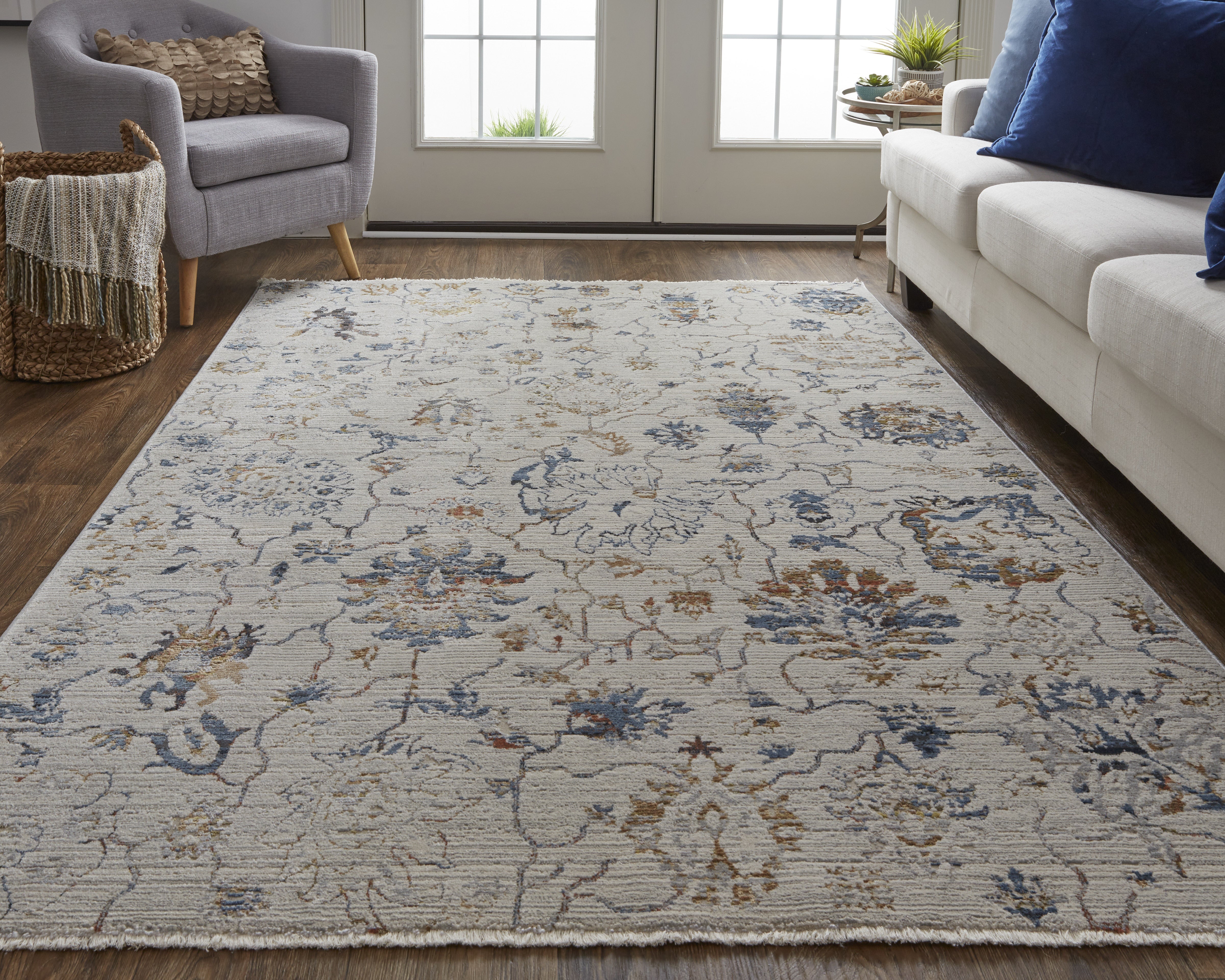 Kaia Transitional Floral & Botanical - Ivory/Orange/Blue Area Rug