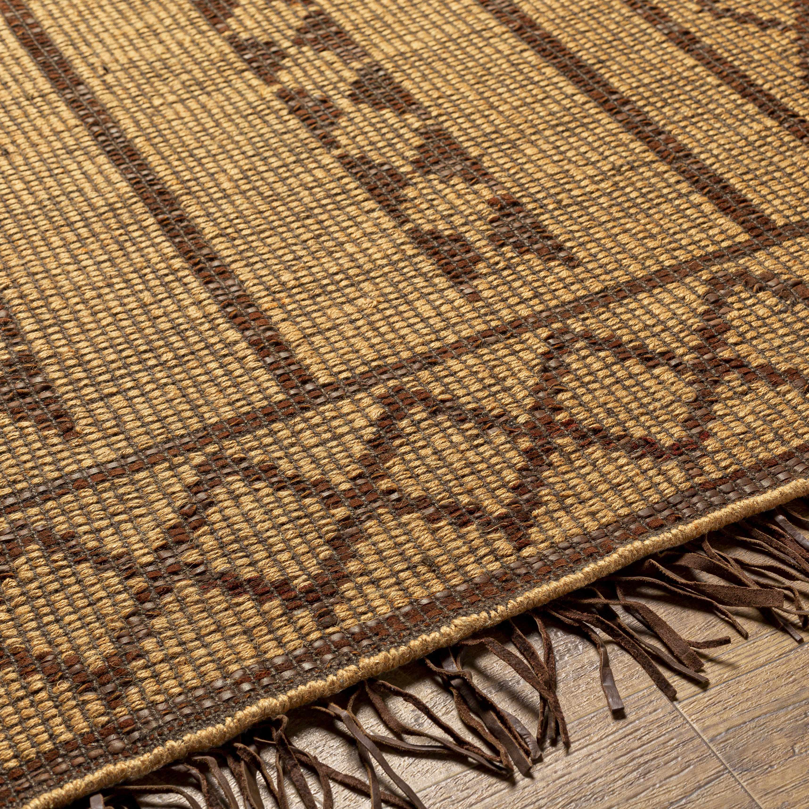 Hand-Woven Tribal Diamond Tan Jute & Leather Area Rug