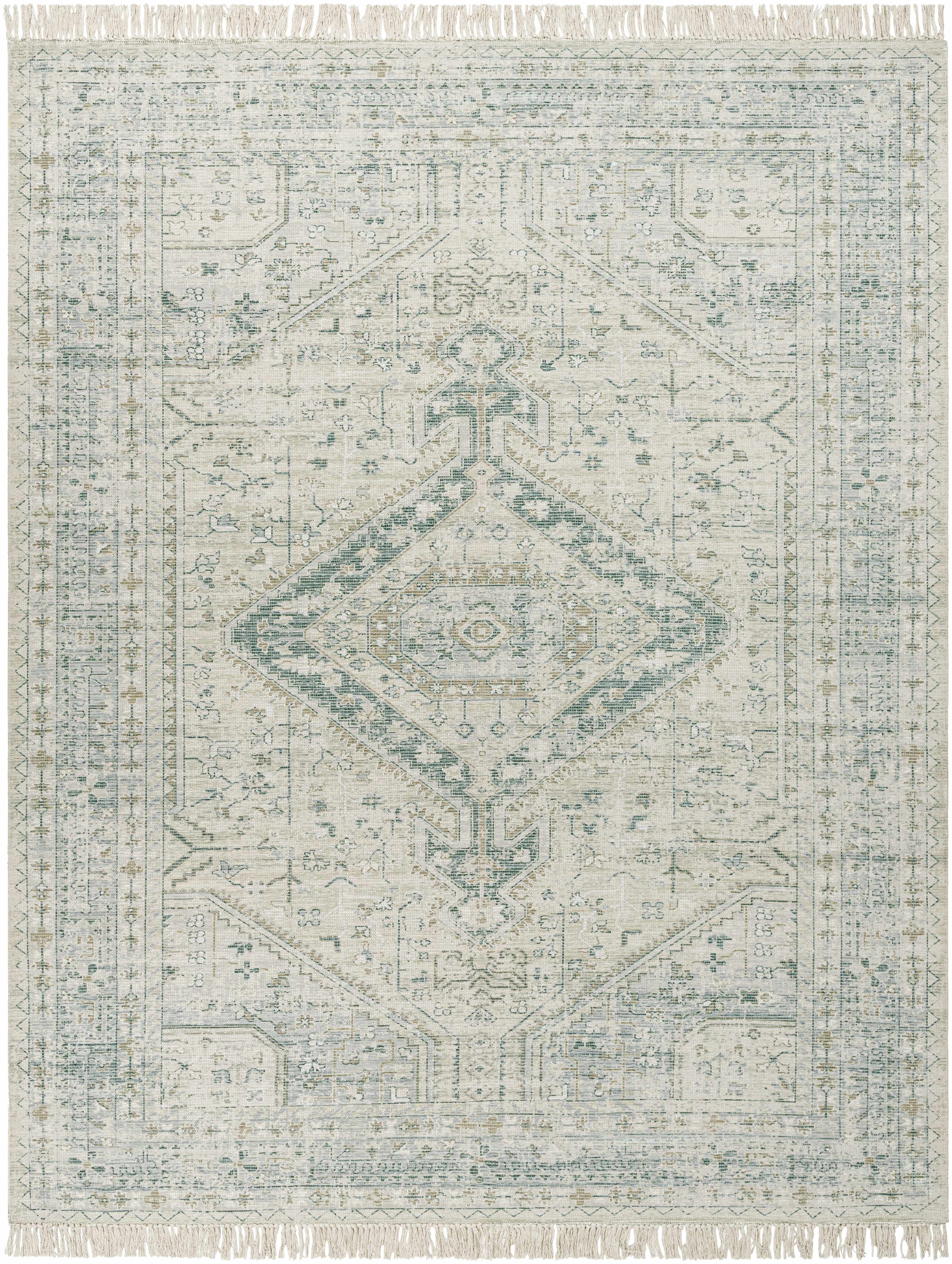 Sage Handwoven Cotton Area Rug with Ornate Artisanal Details