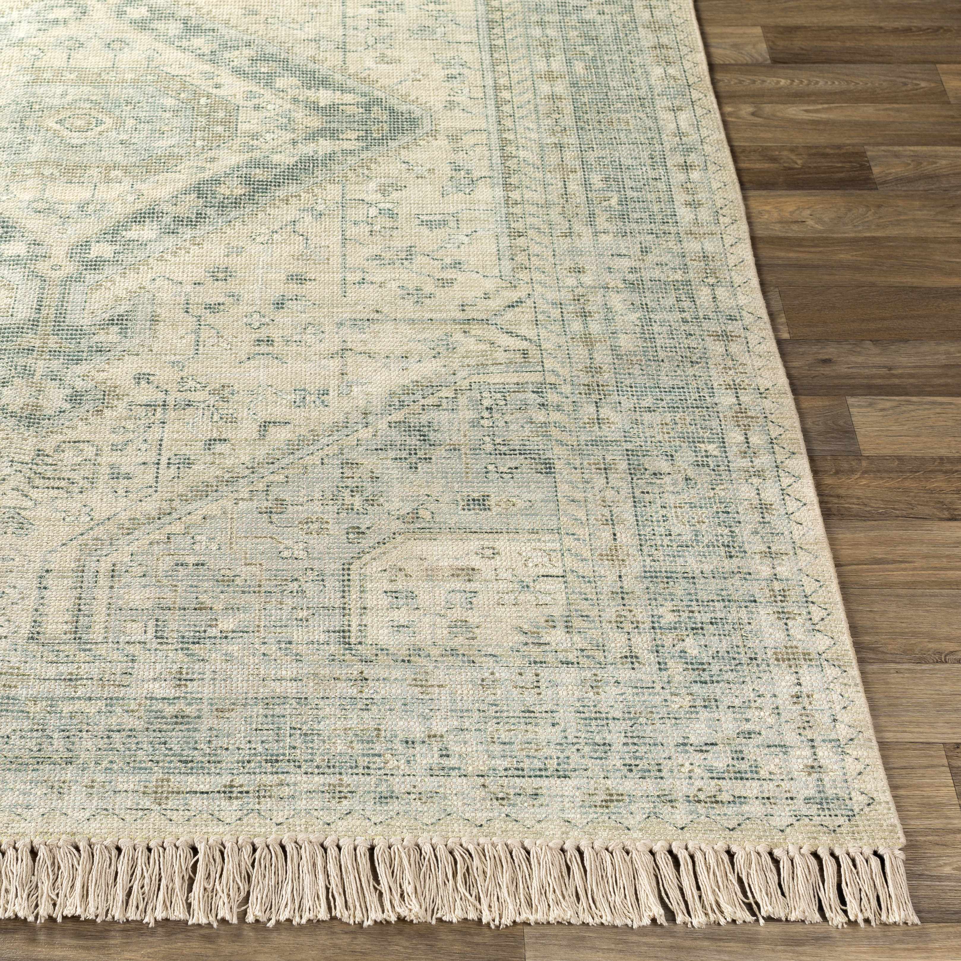 Sage Handwoven Cotton Area Rug with Ornate Artisanal Details