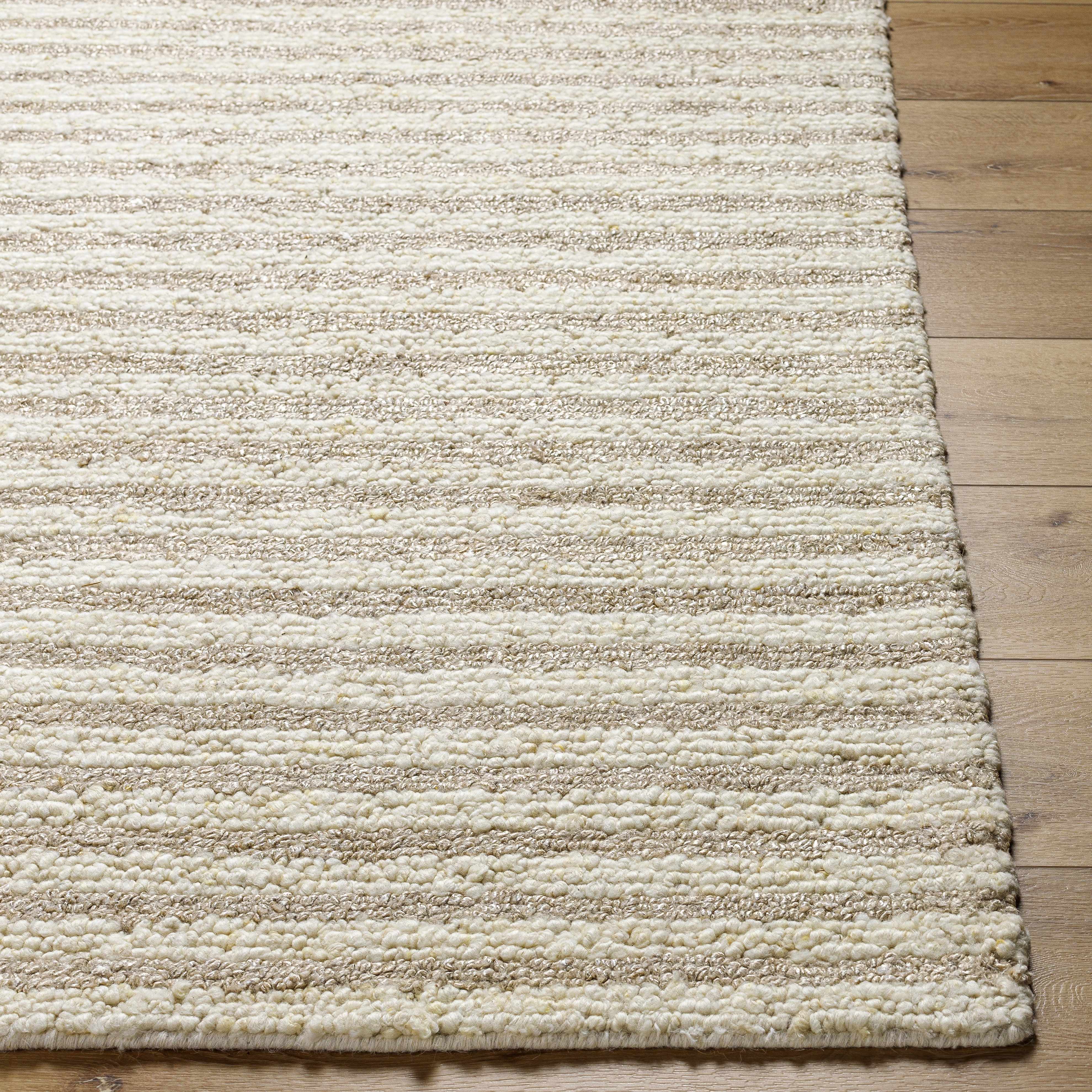 Stunning Natural Striped Beige Wool & Silk Hand Woven Area Rug