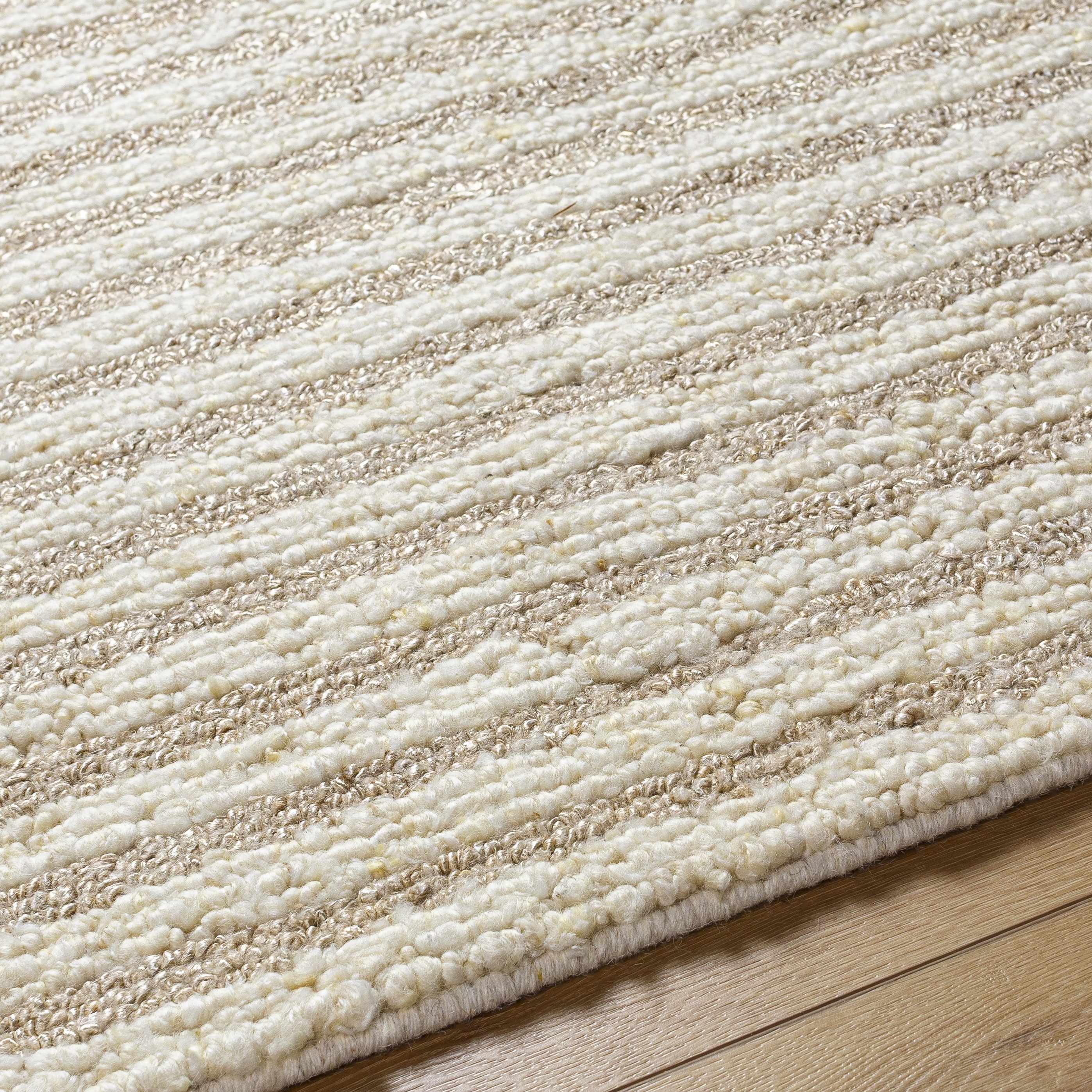Stunning Natural Striped Beige Wool & Silk Hand Woven Area Rug