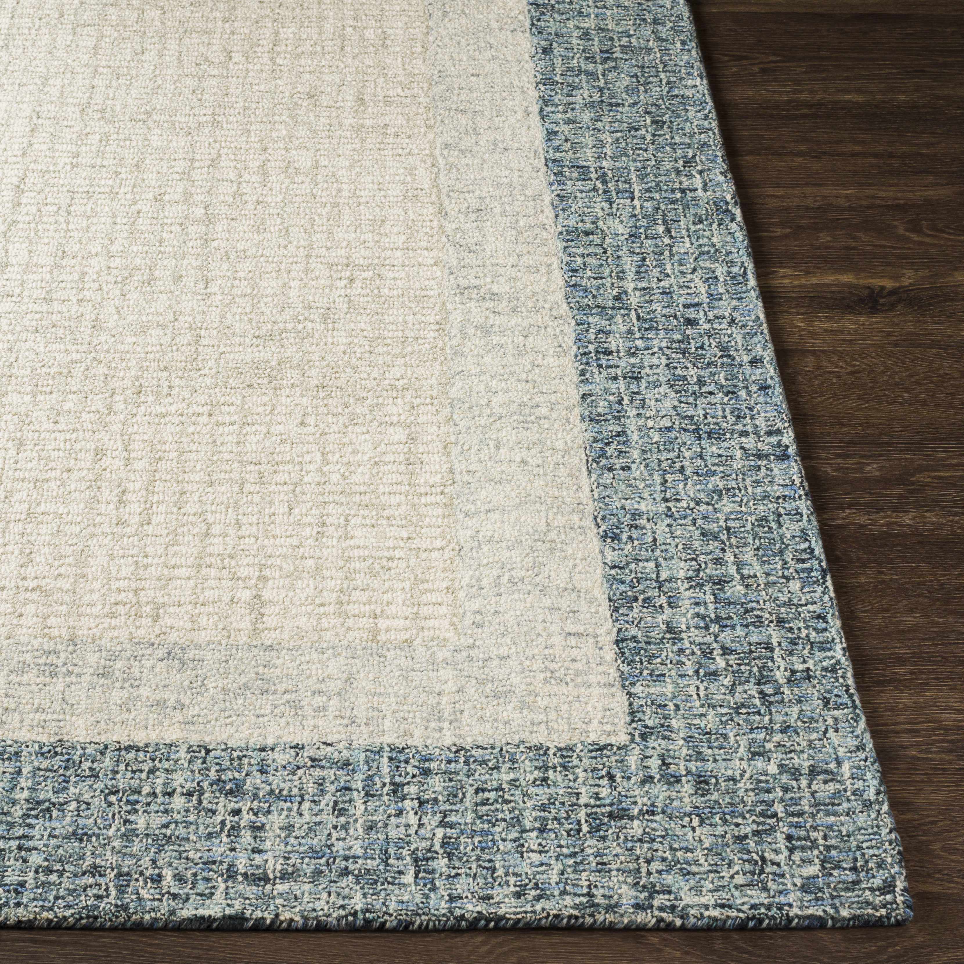 Modern Border Pattern Teal Wool Hand Tufted Area Rug