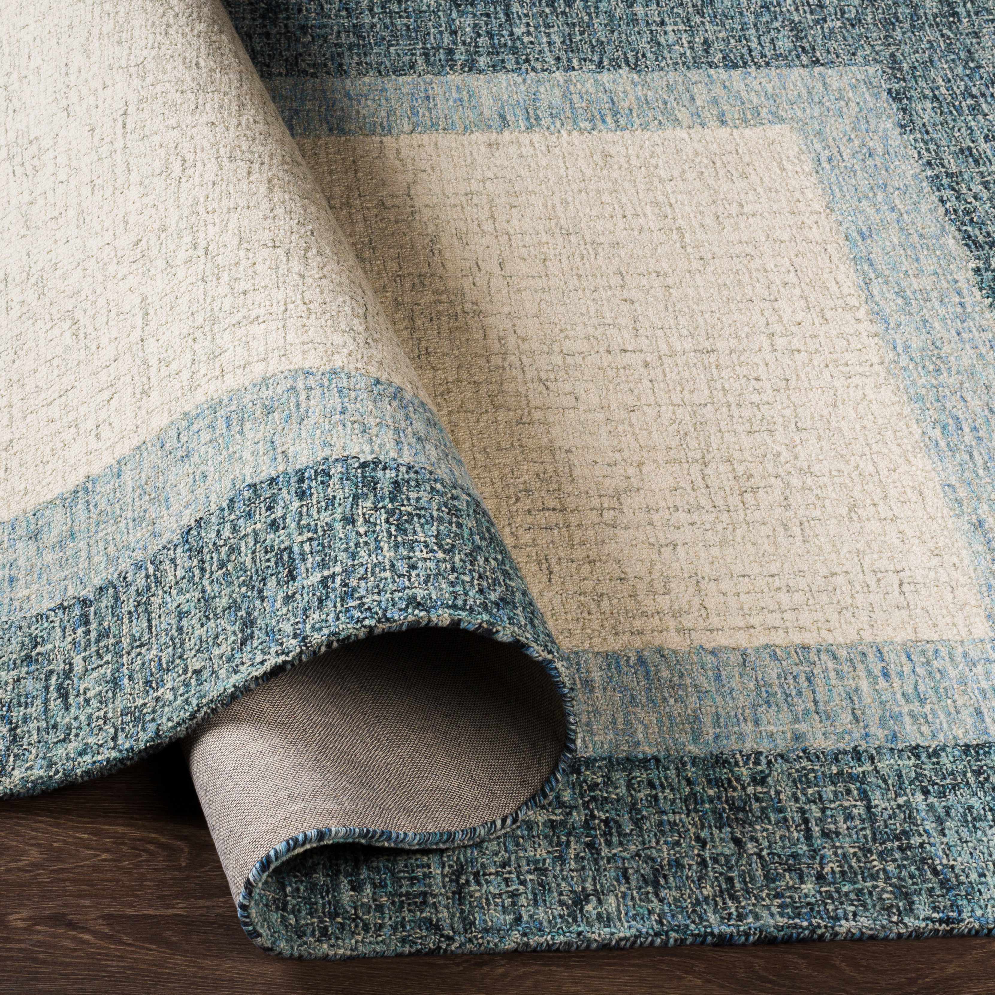Modern Border Pattern Navy Hand Tufted Wool Area Rug