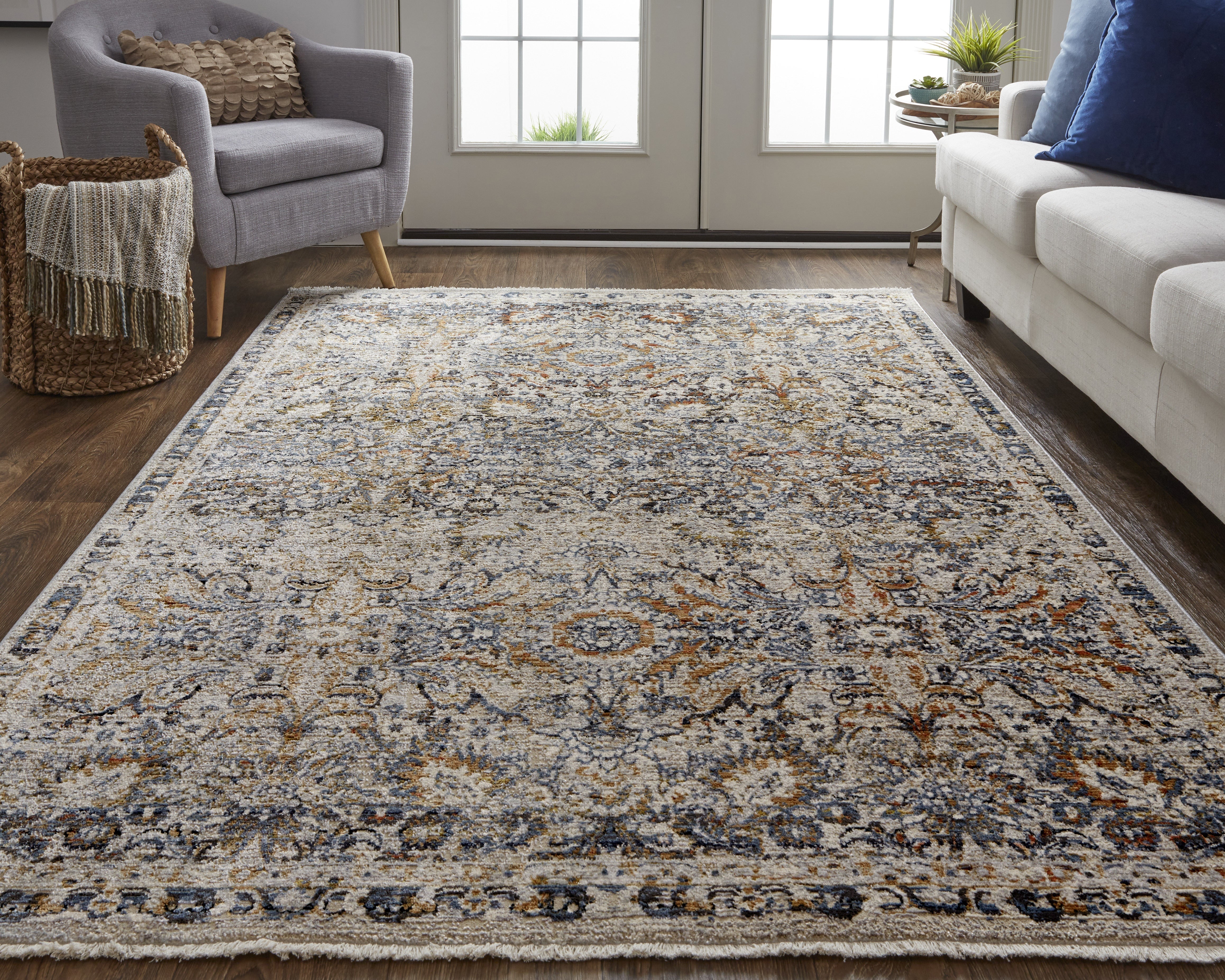 Kaia Transitional Damask - Tan/Blue/Orange Area Rug