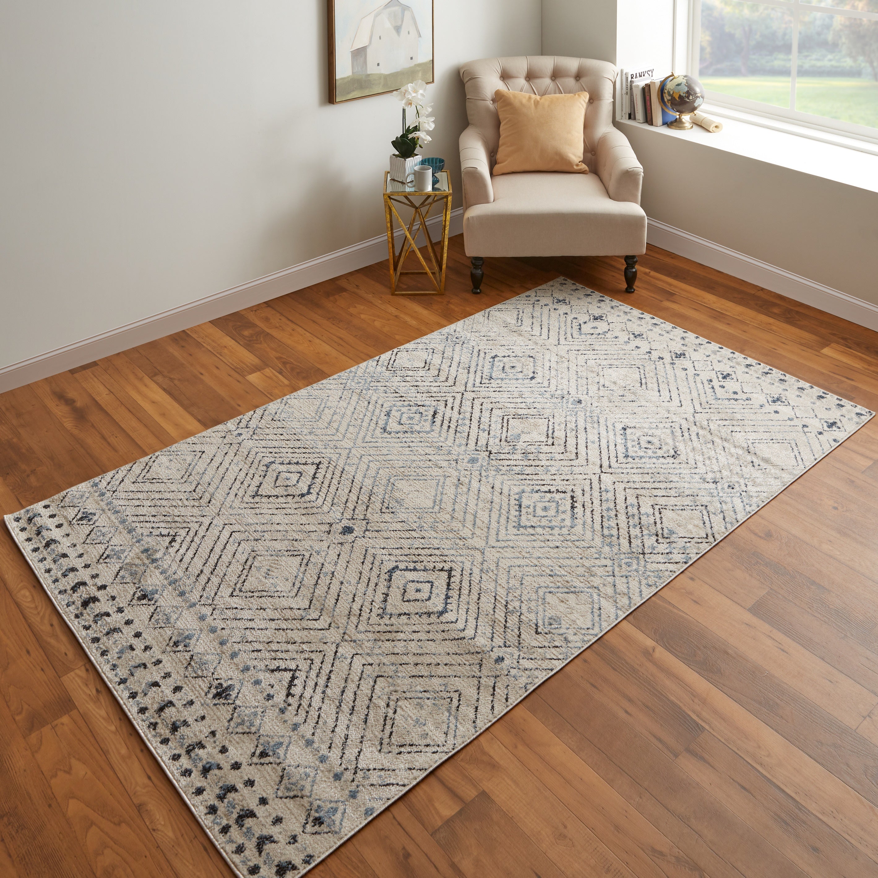 Camellia Transitional Geometric - Ivory/Blue/Gray