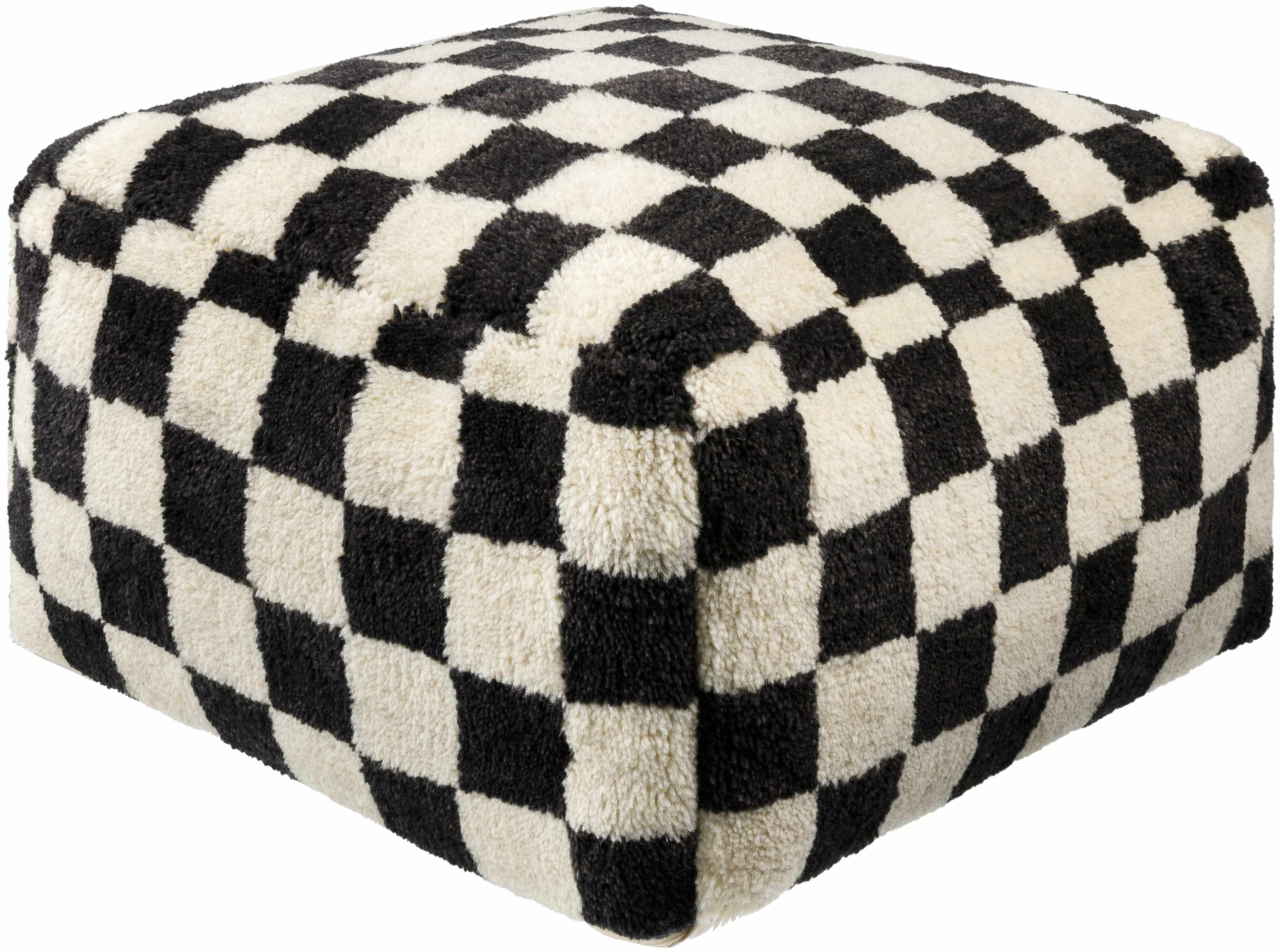 Astro Moroccan Checkered Shag Pouf - Black, Cream
