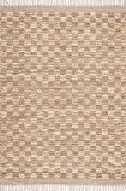 Chic Checkered Beige Hand Woven Jute Area Rug