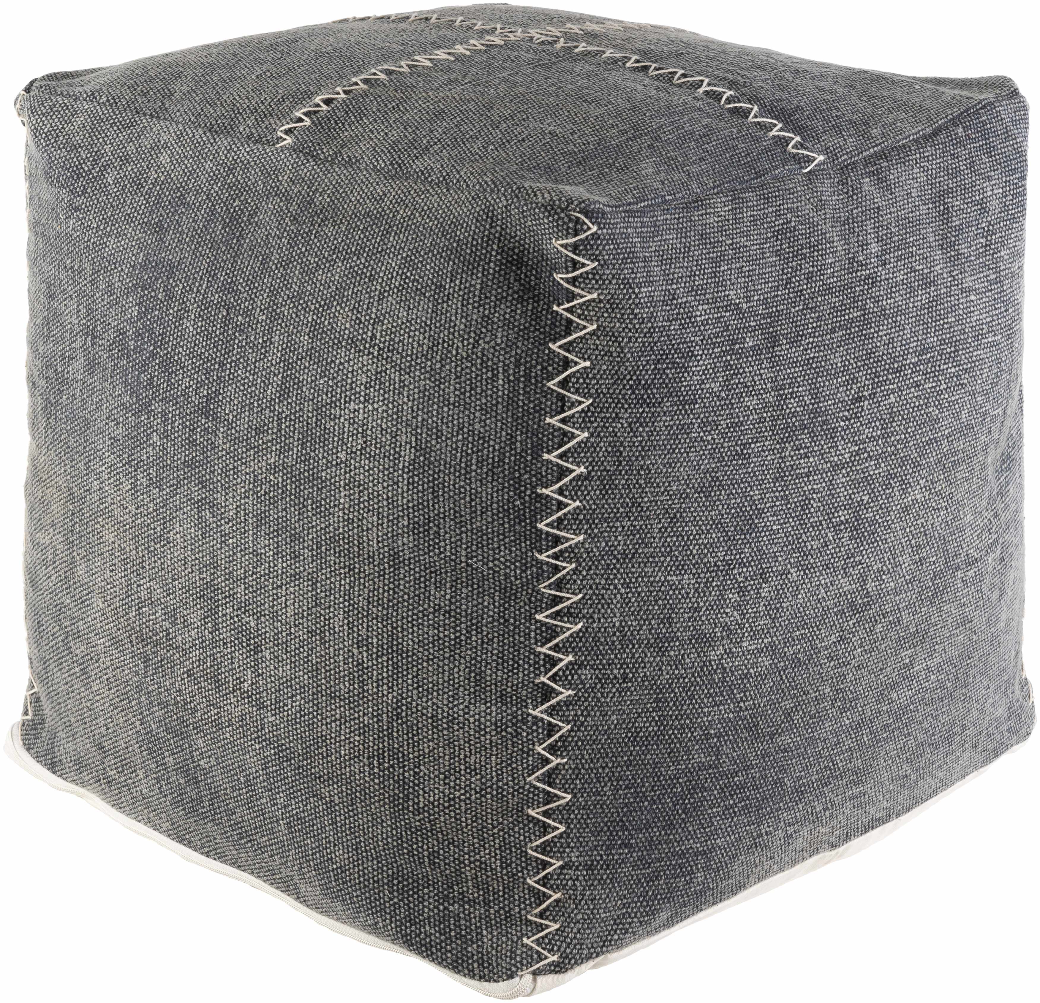 Hand Embroidered Cube Pouf - Gray, Cream