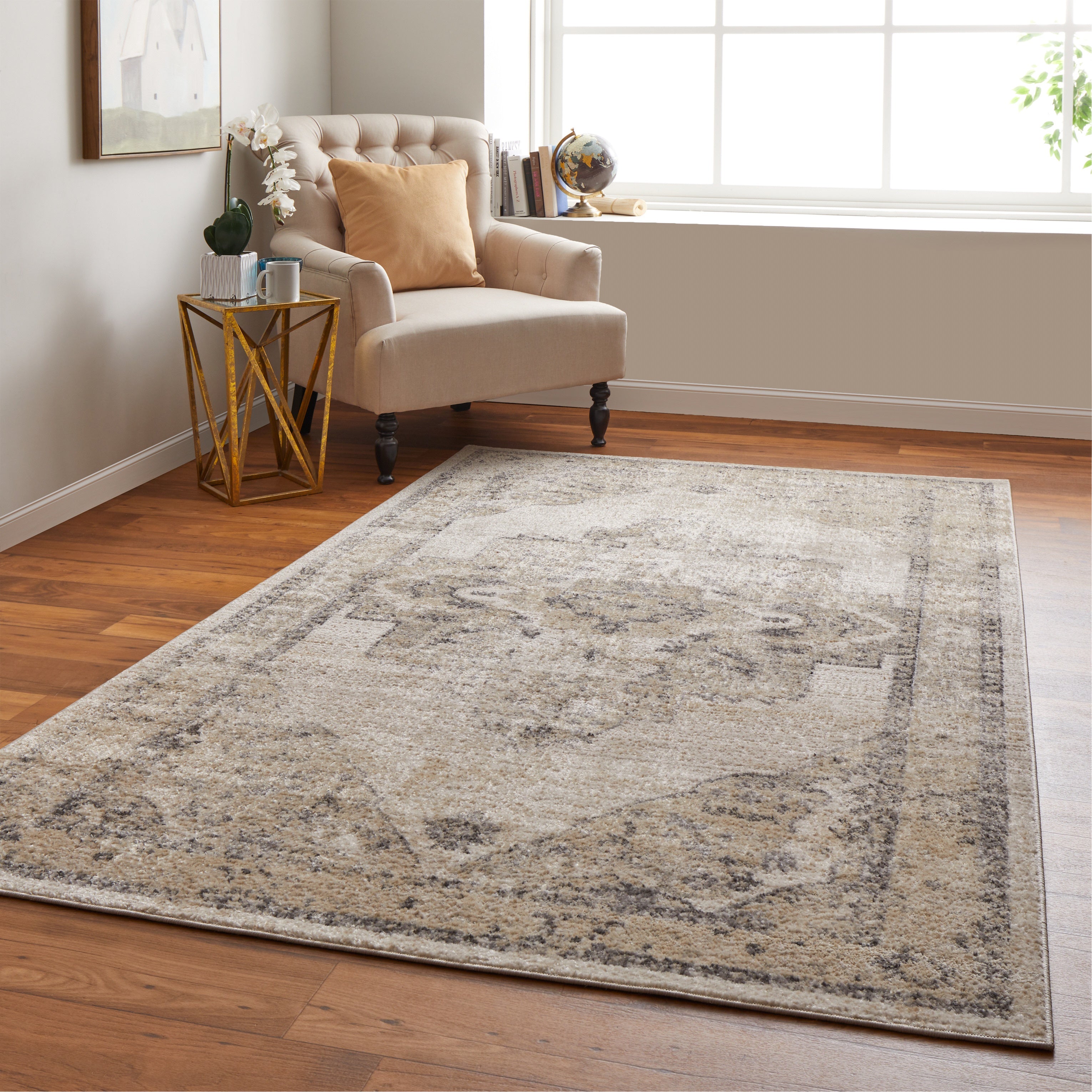 Camellia Transitional Medallion - Ivory/Gray