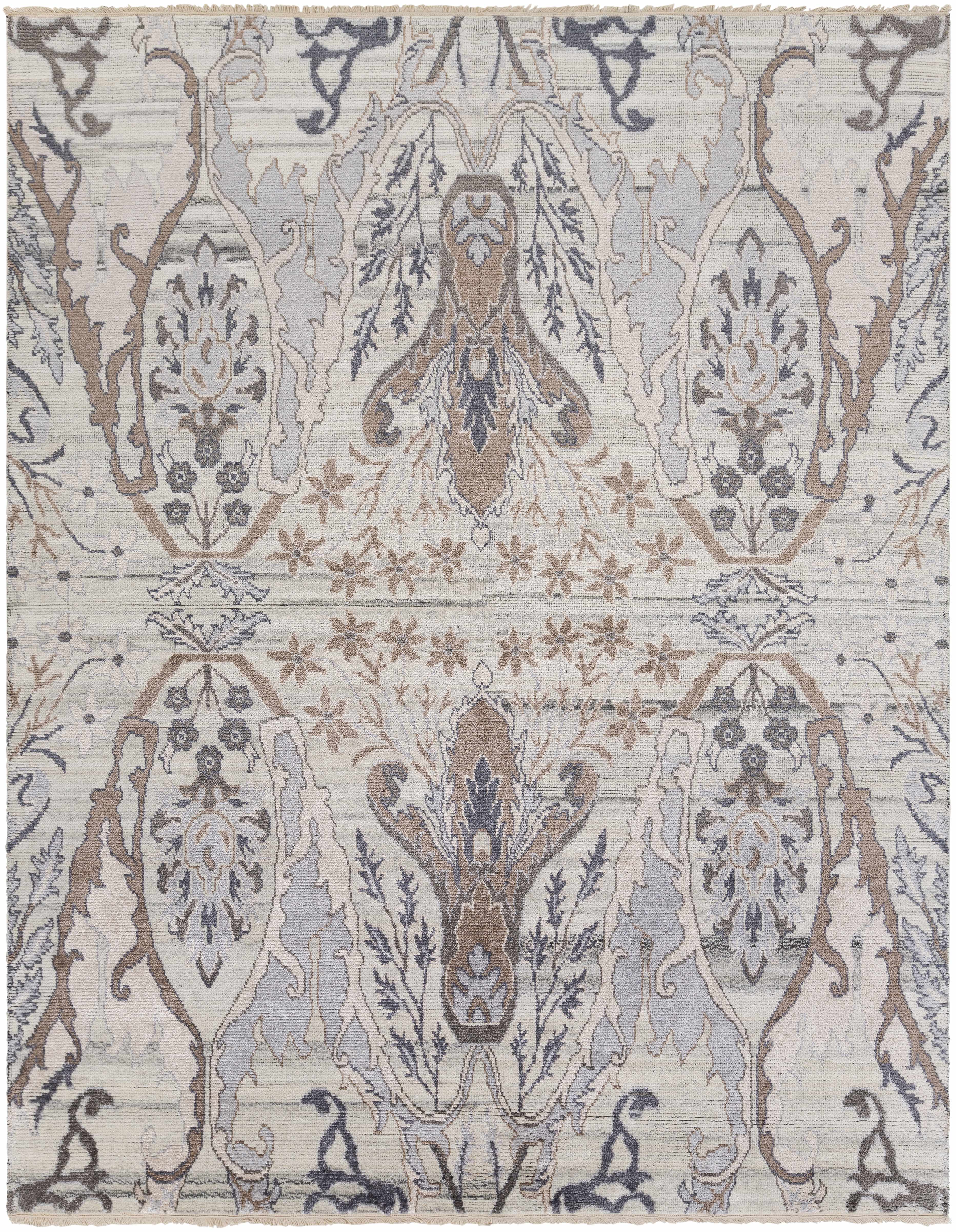 Symmetrical Silver Gray Hand-Knotted Wool & Viscose Area Rug