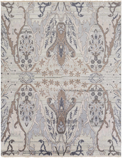 Symmetrical Silver Gray Hand-Knotted Wool & Viscose Area Rug
