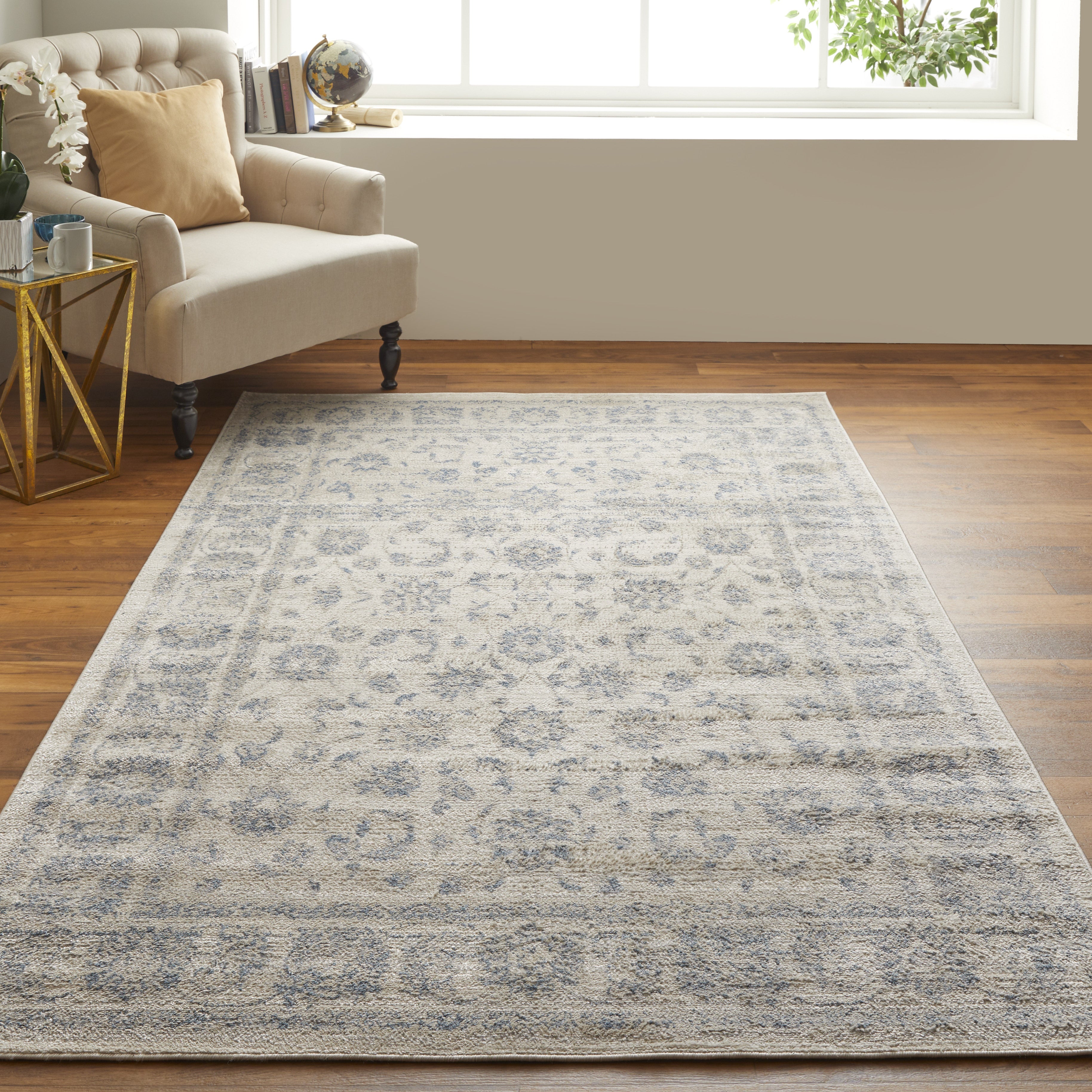 Camellia Transitional Floral & Botanical - Ivory/Blue
