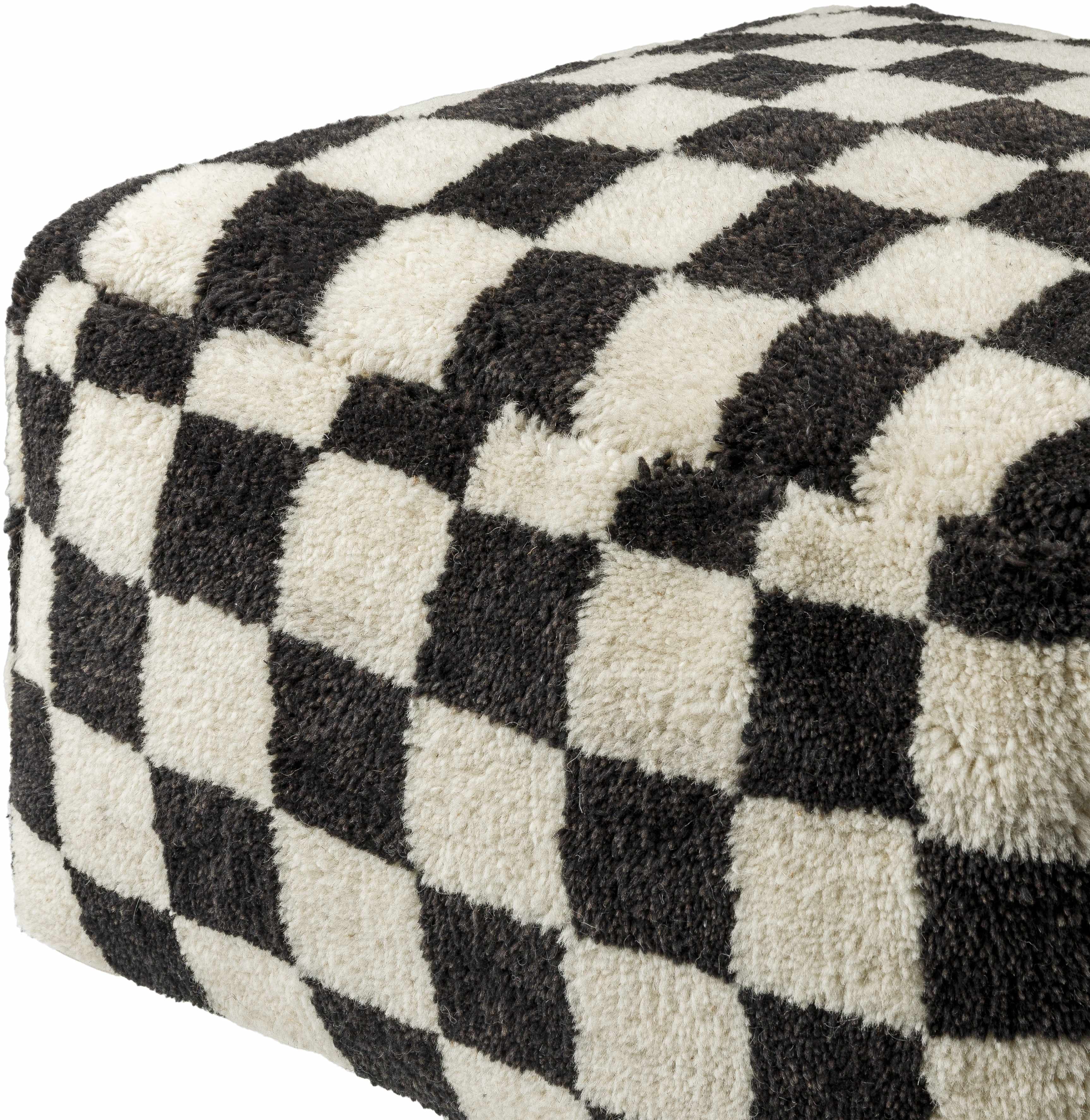 Astro Moroccan Checkered Shag Pouf - Black, Cream