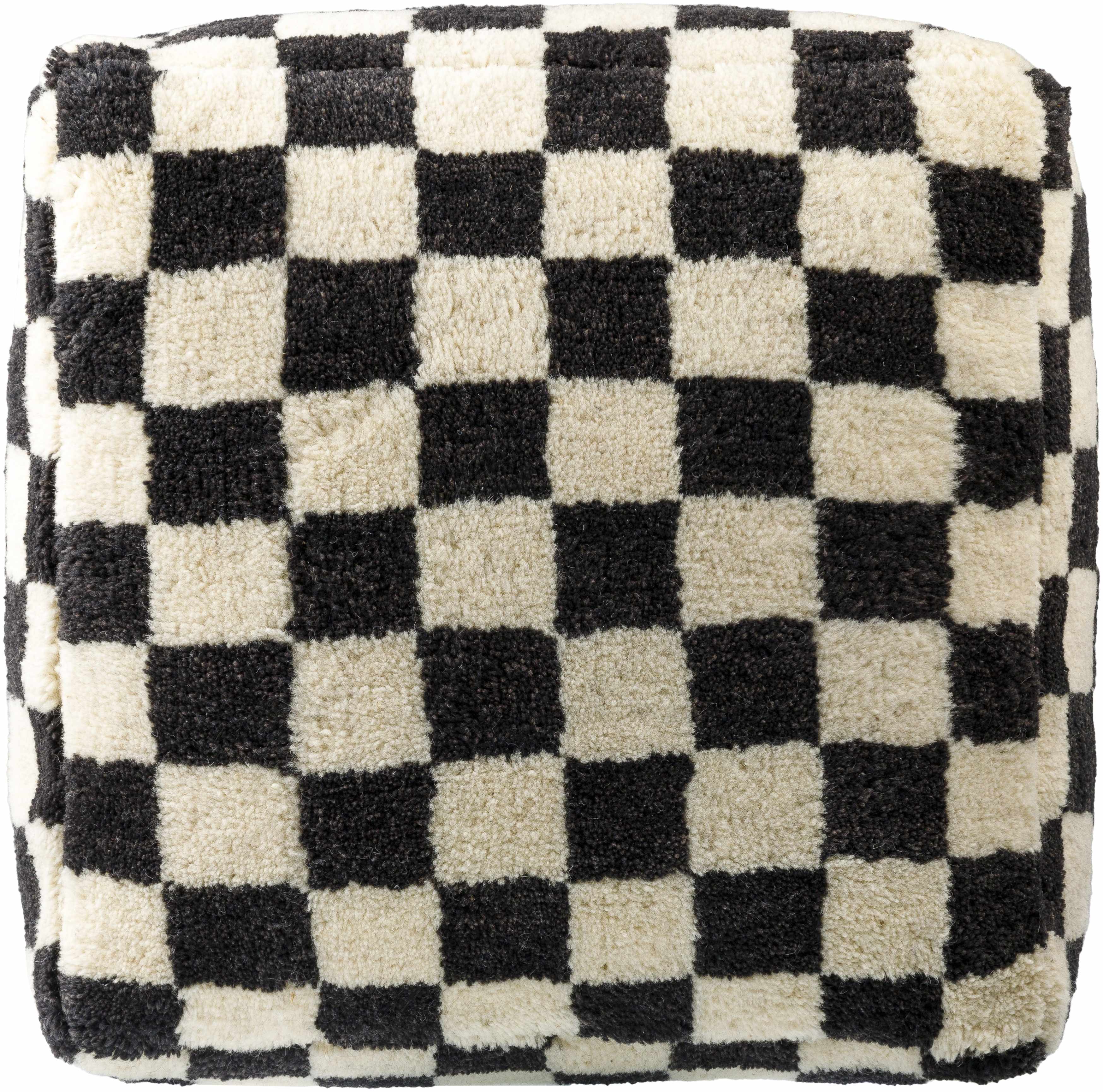Astro Moroccan Checkered Shag Pouf - Black, Cream