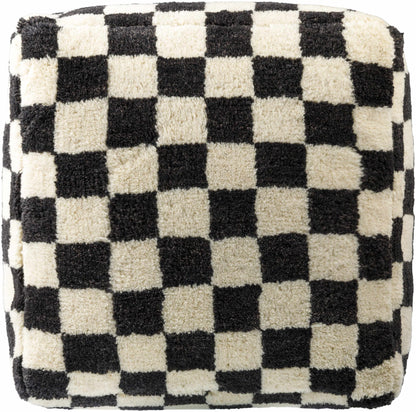 Astro Moroccan Checkered Shag Pouf - Black, Cream