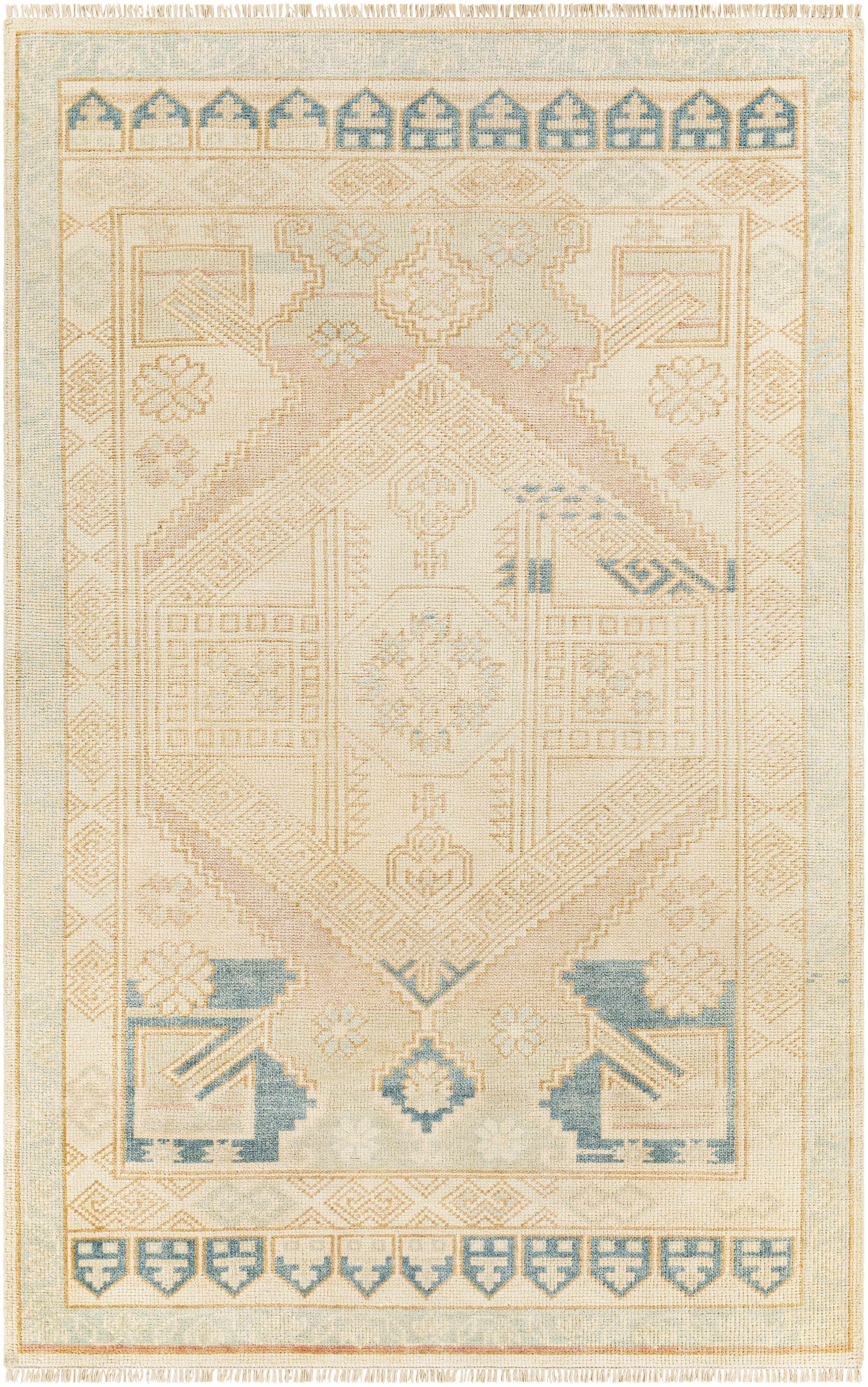 Hand-Knotted Camel & Blue Wool Area Rug