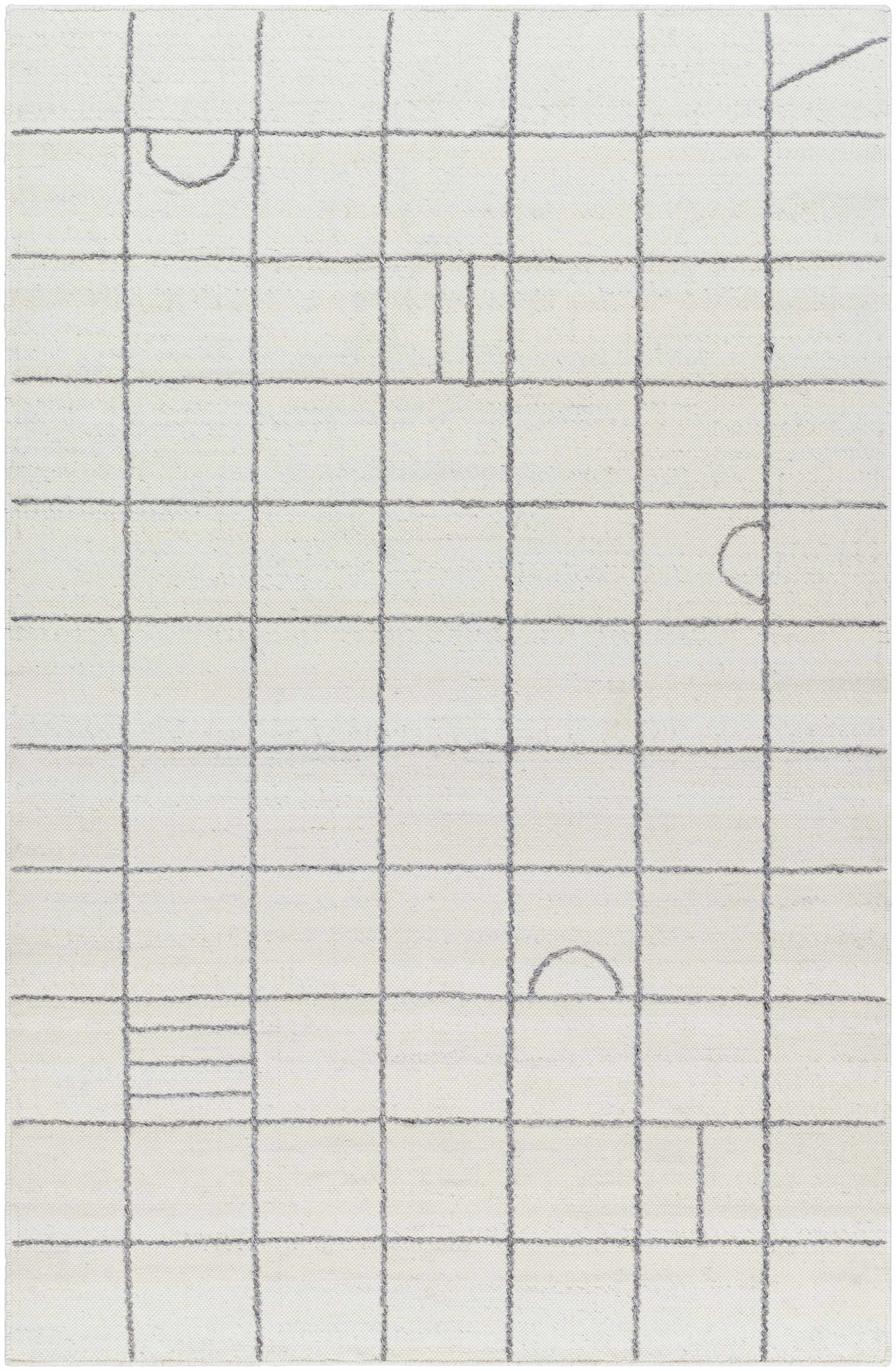 Irregular Chic Gridded Cream Wool Handwoven Area Rug