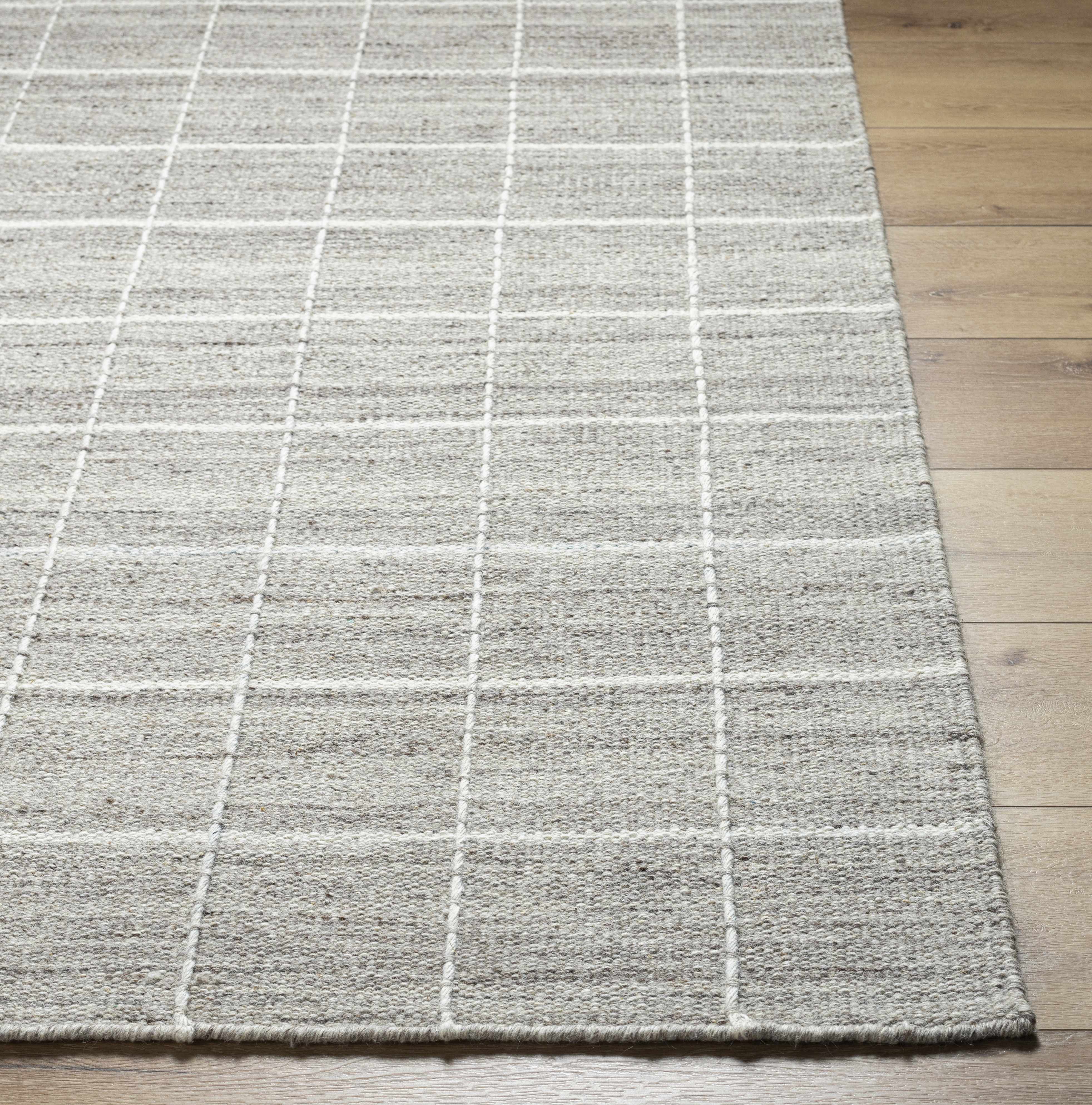 Natural Earthy Neutral Gridded Tan Wool Handwoven Area Rug