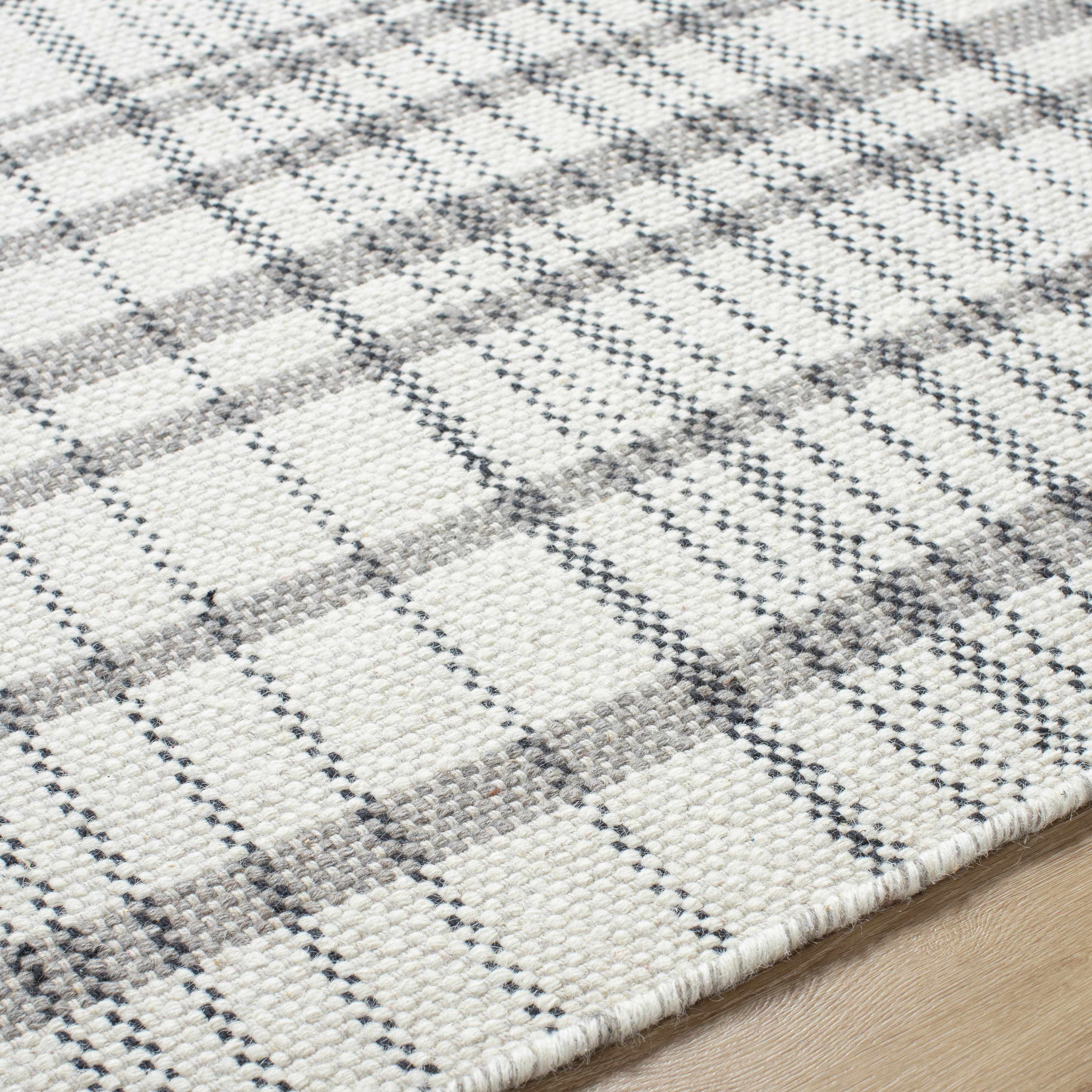 Chic Sophisticated Plaid Ivory Wool Handwoven Area Rug