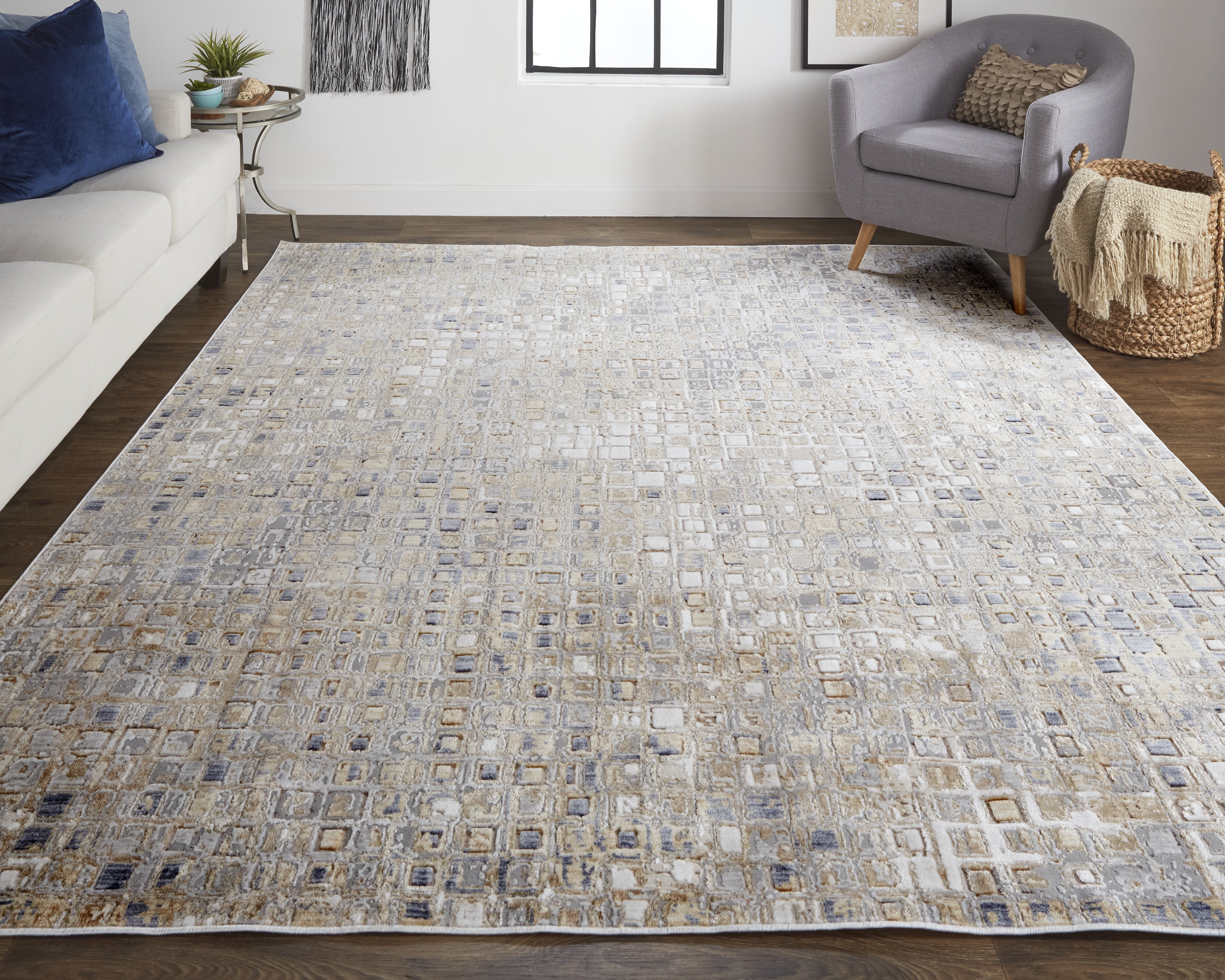 Laina Transitional Geometric - Tan/Ivory/Blue Area Rug