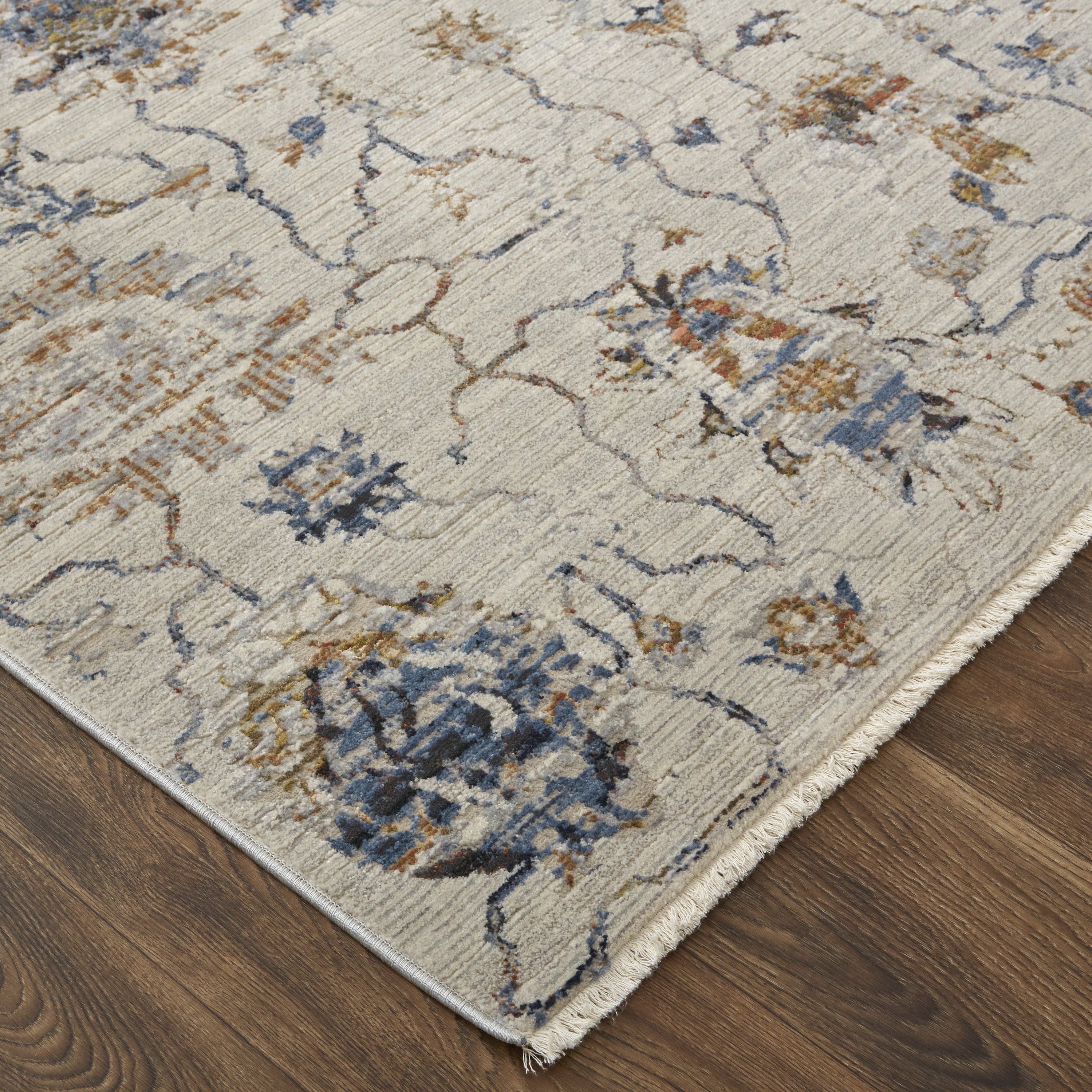 Kaia Transitional Floral & Botanical - Ivory/Orange/Blue Area Rug