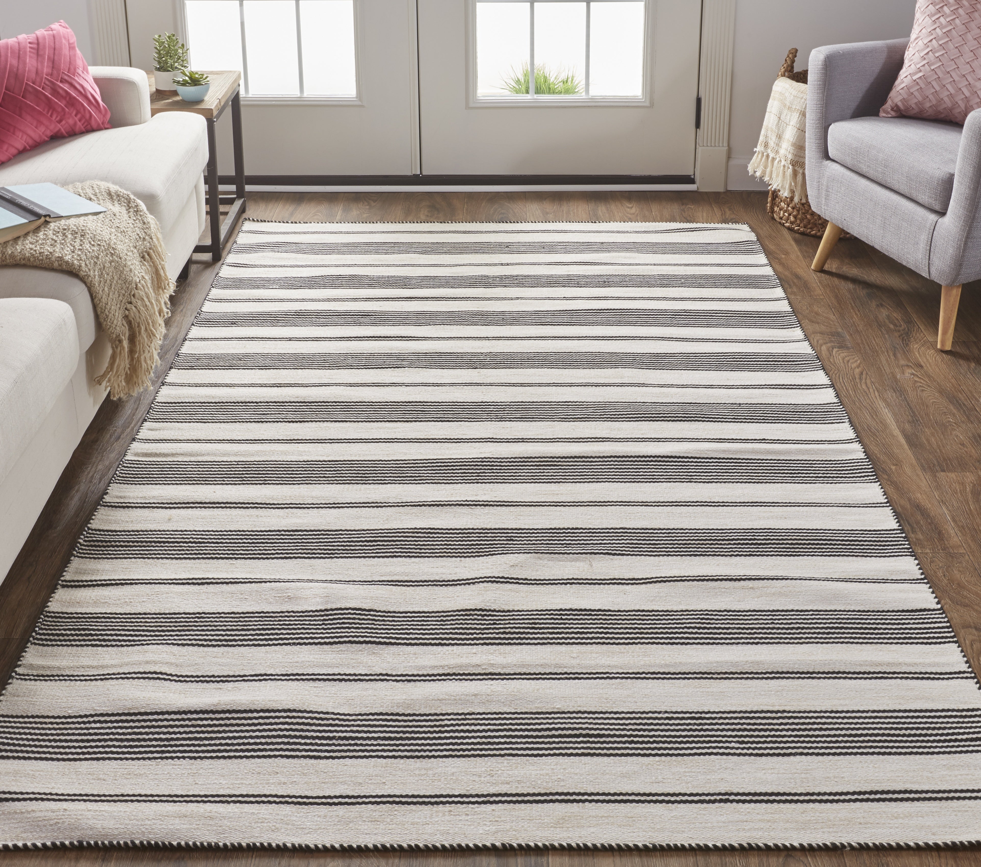 Duprine Transitional Stripes - Black/White/Ivory Area Rug