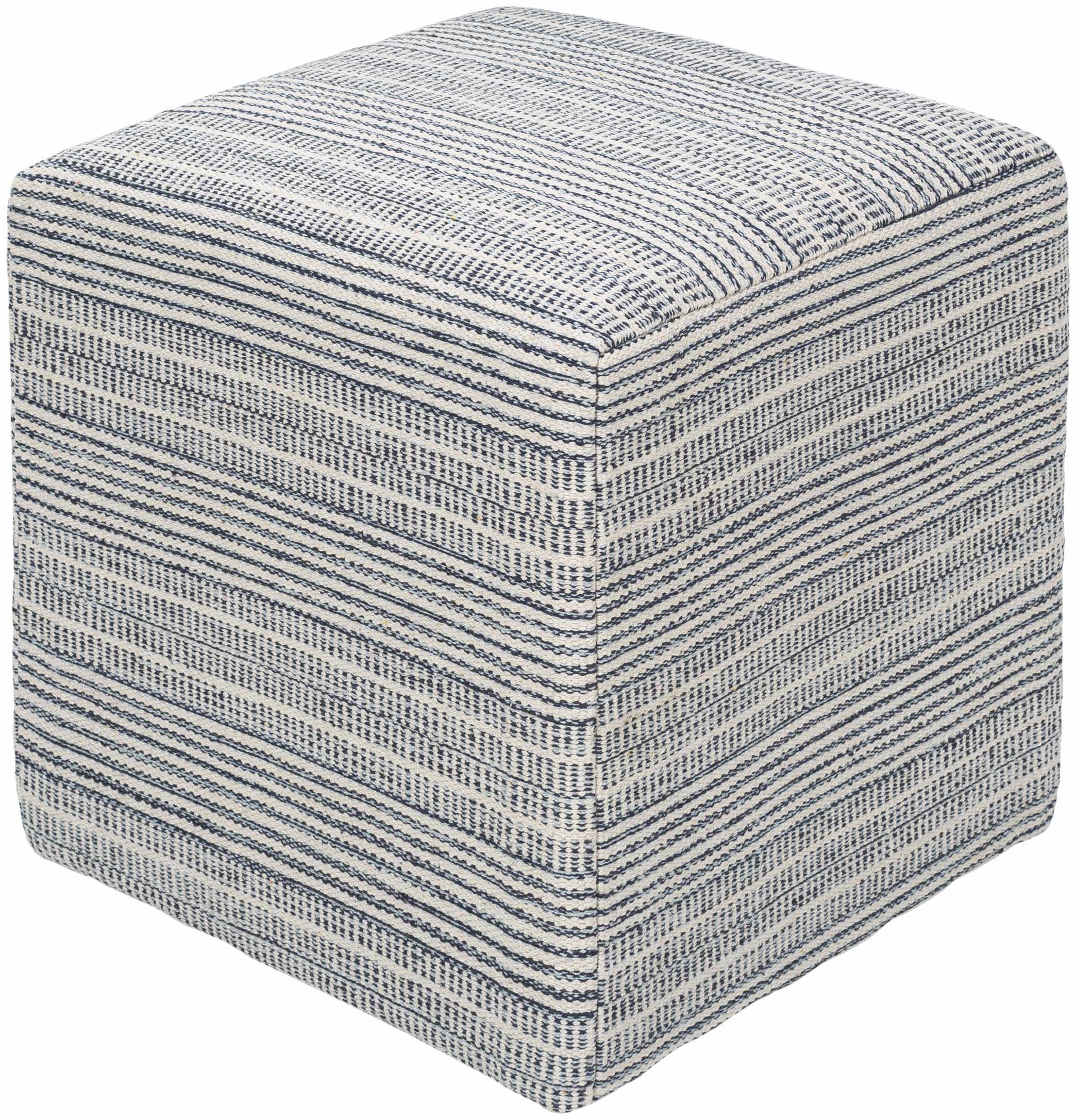 Striped Cube Pouf - Light Blue, Ivory
