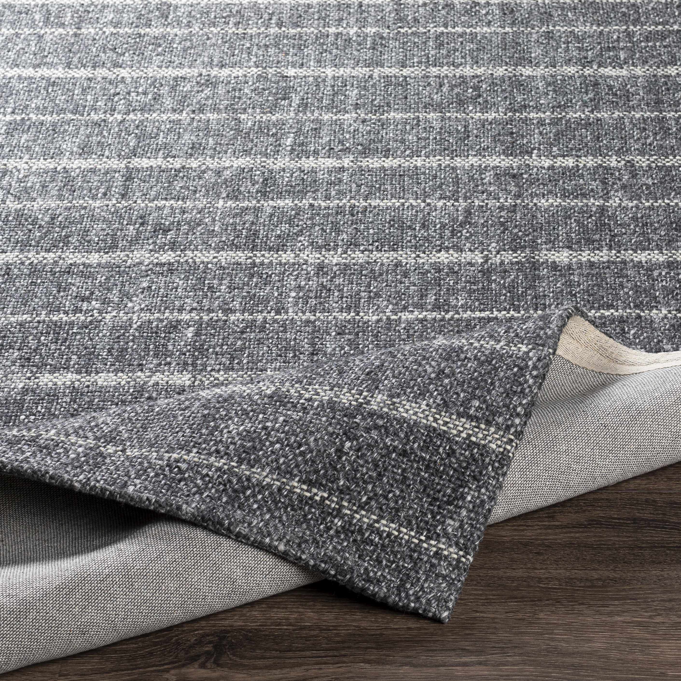 Exquisite Striped Black Hand Woven Viscose&Wool Area Rug