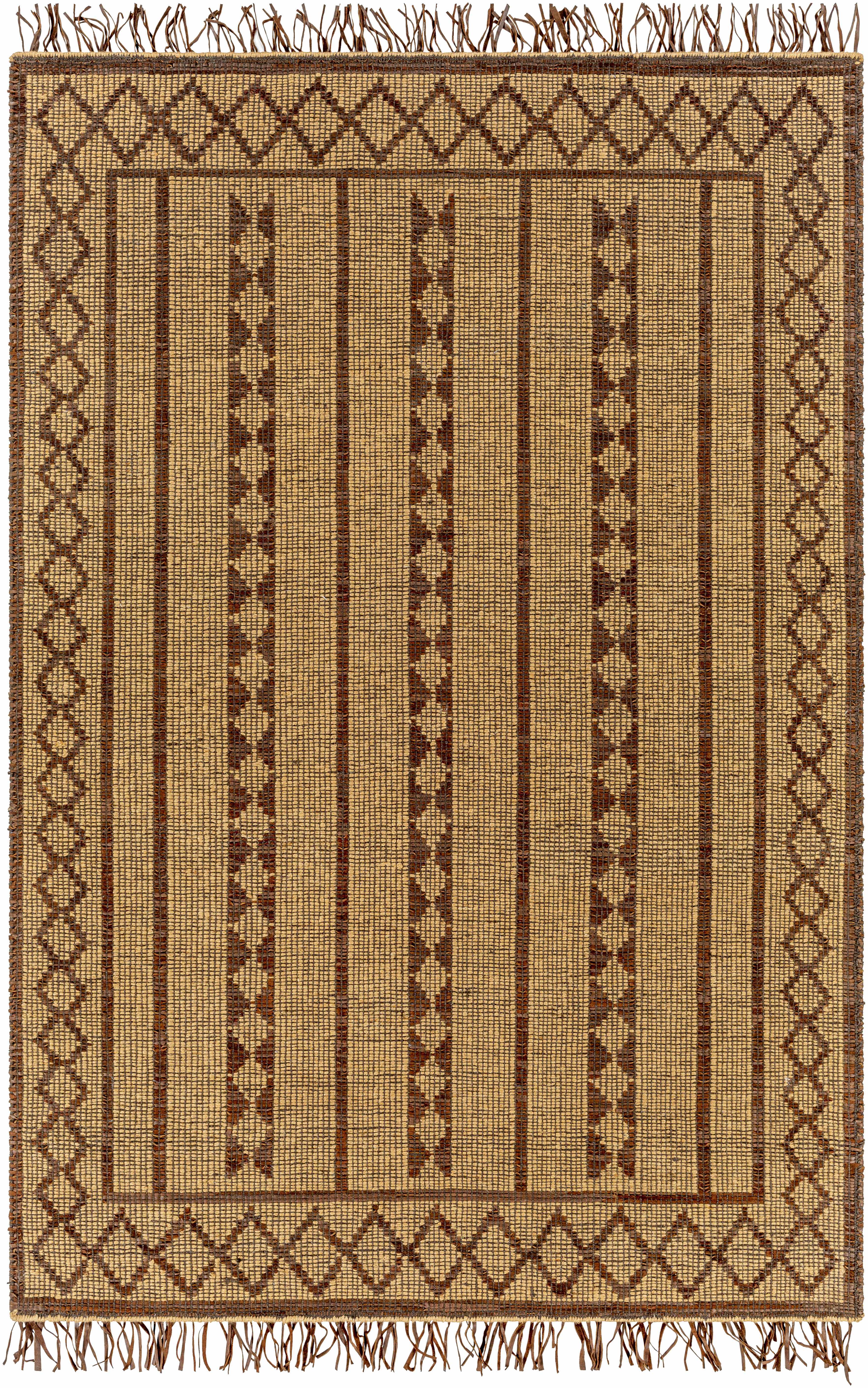 Hand-Woven Tribal Diamond Tan Jute & Leather Area Rug