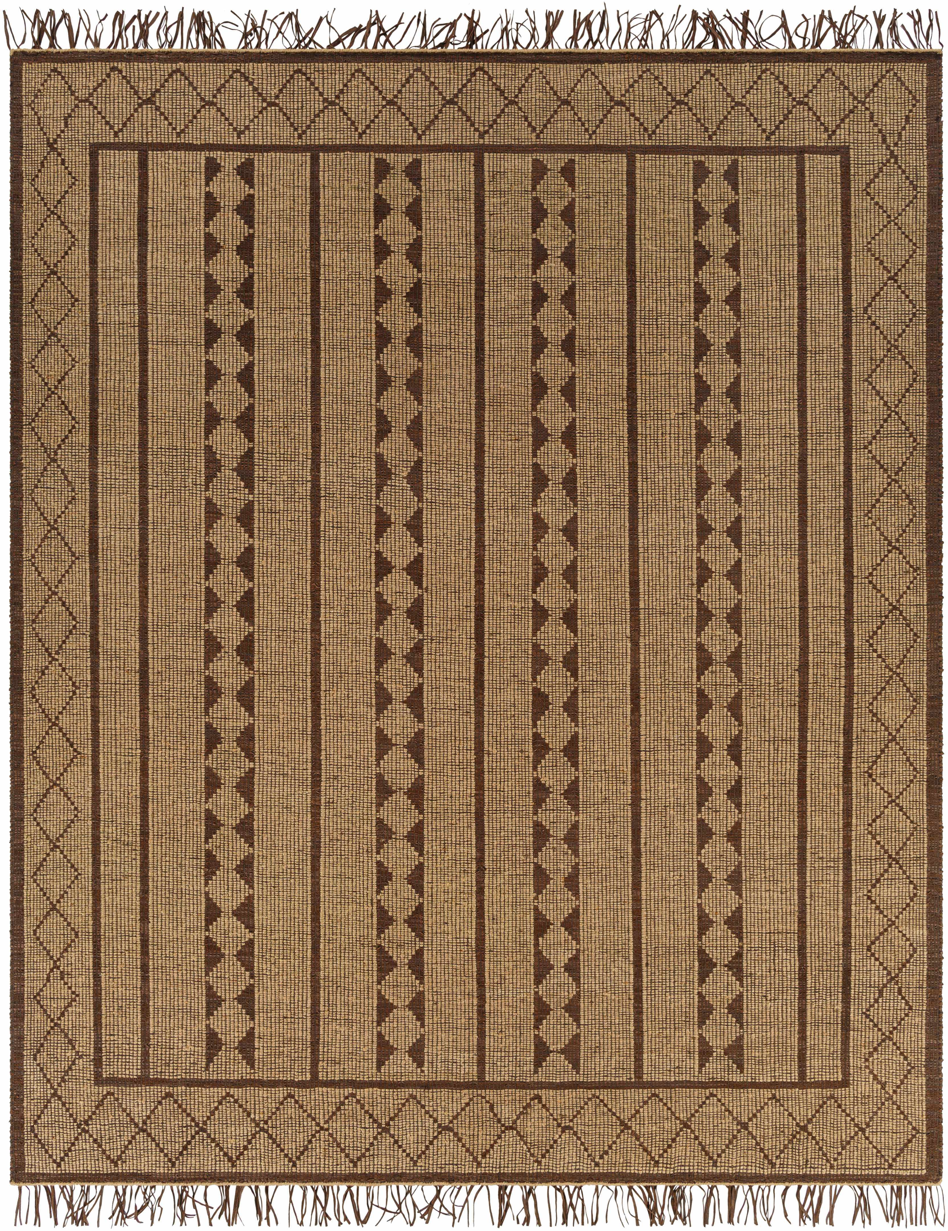 Hand-Woven Tribal Diamond Tan Jute & Leather Area Rug