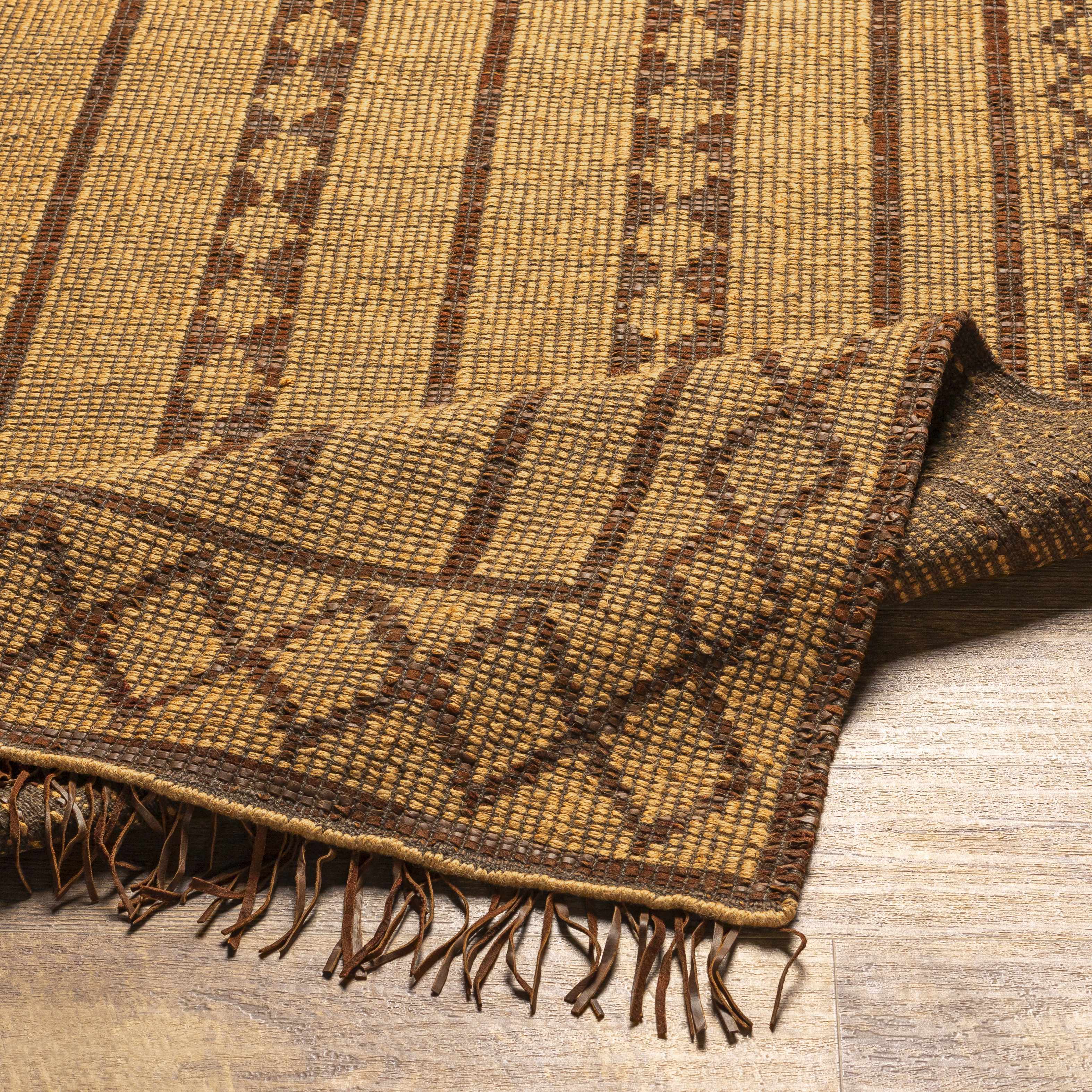 Hand-Woven Tribal Diamond Tan Jute & Leather Area Rug