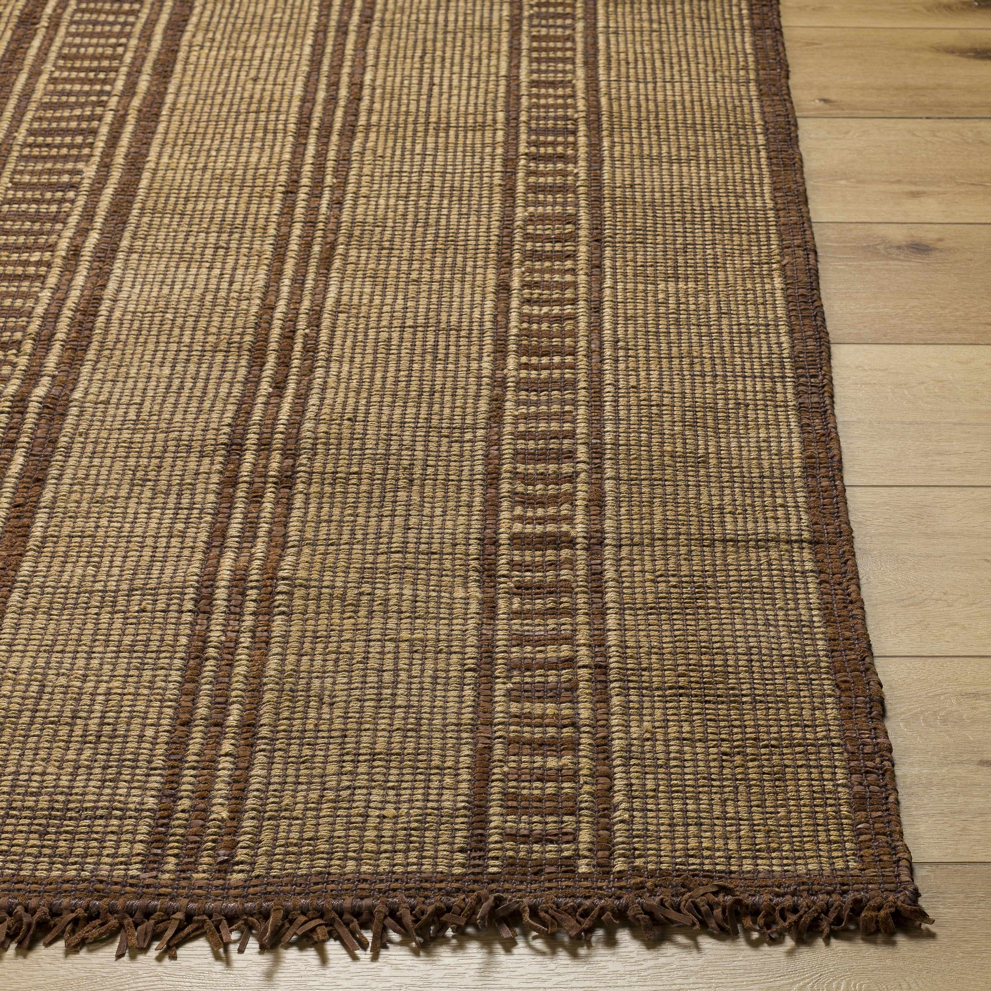 Striped Tribal Brown Hand-Woven Jute & Leather Area Rug