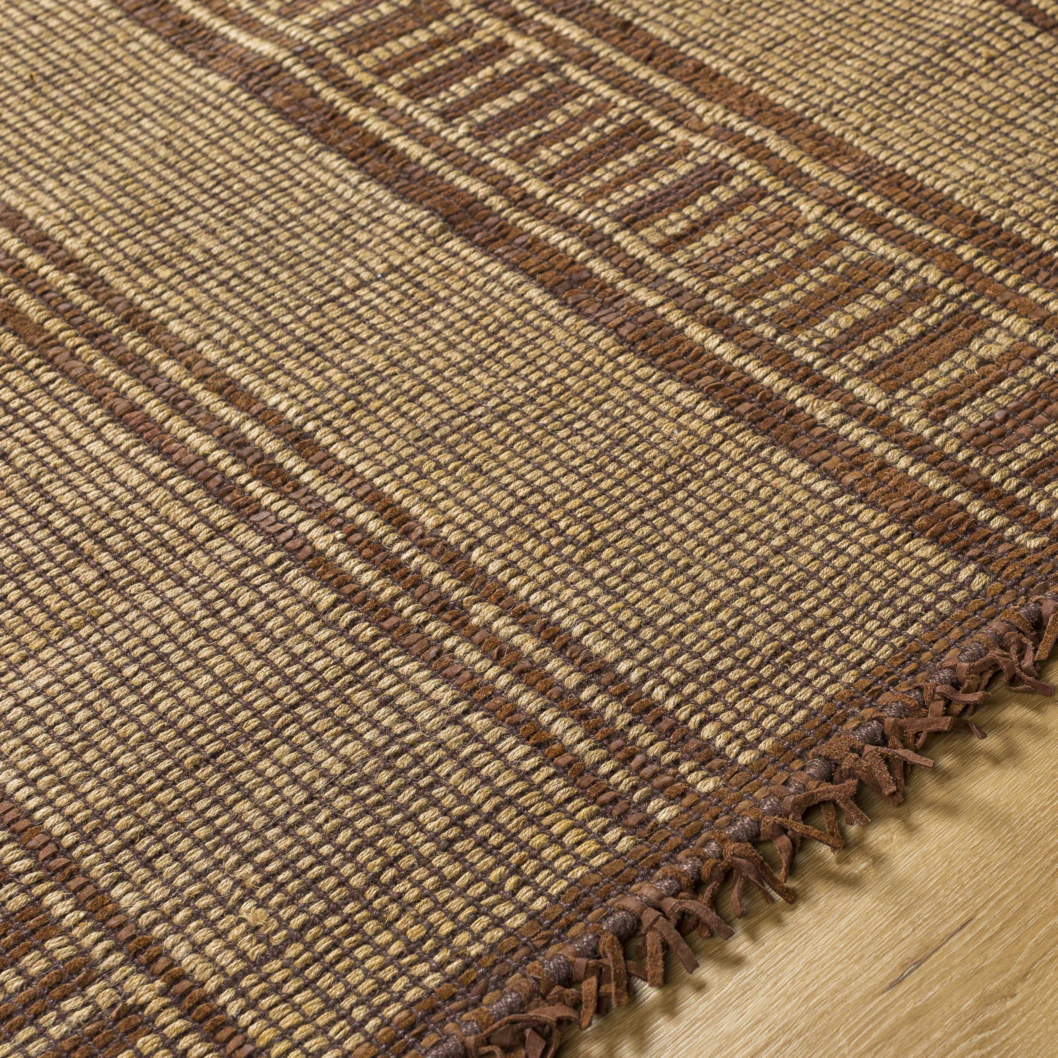 Striped Tribal Brown Hand-Woven Jute & Leather Area Rug