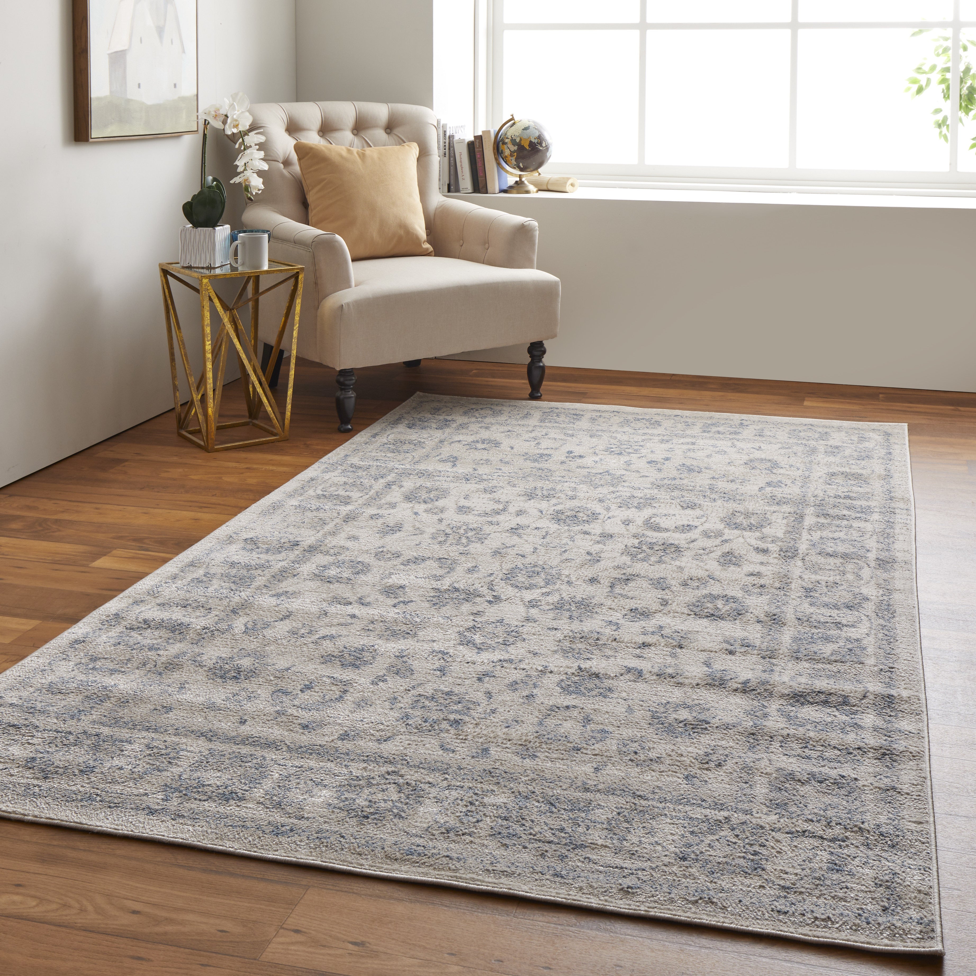 Camellia Transitional Floral & Botanical - Ivory/Blue