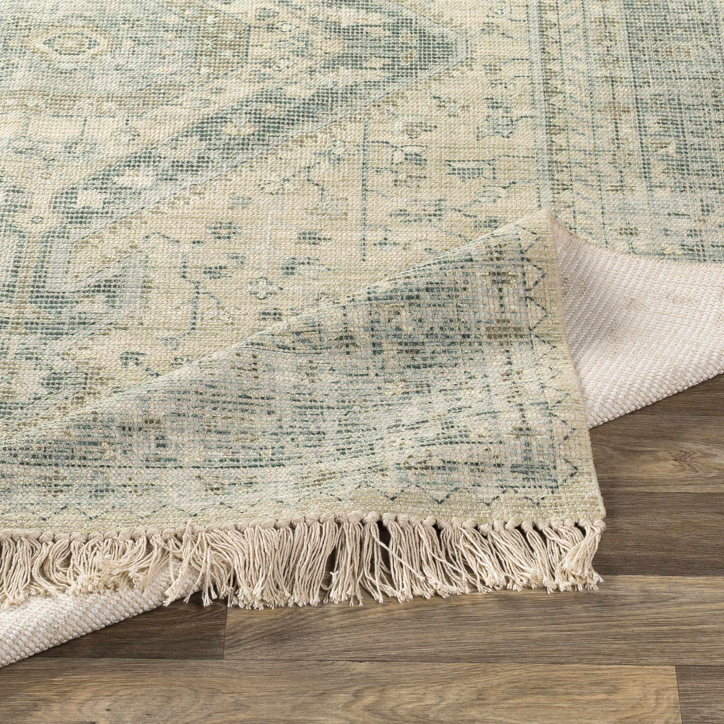 Sage Handwoven Cotton Area Rug with Ornate Artisanal Details