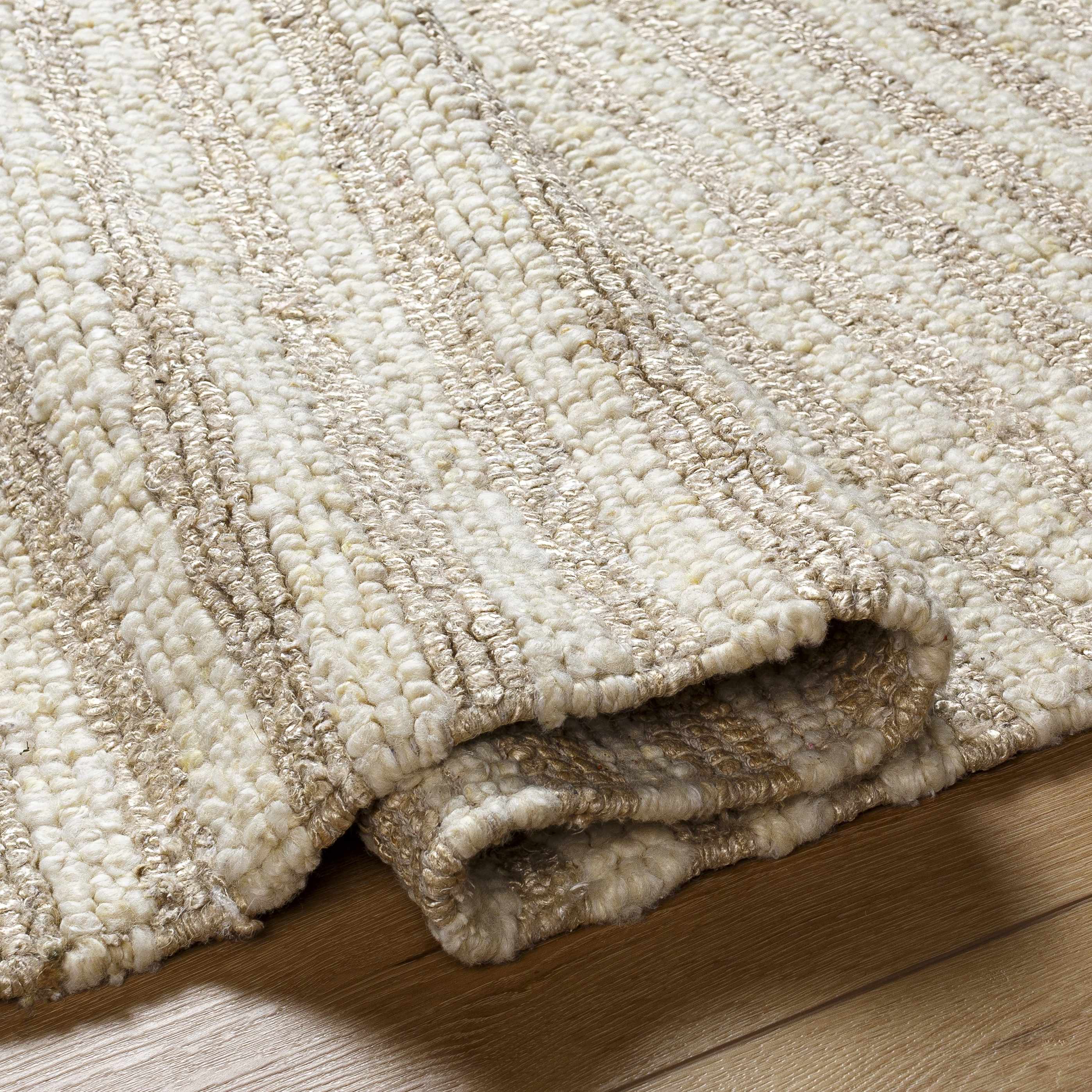 Stunning Natural Striped Beige Wool & Silk Hand Woven Area Rug