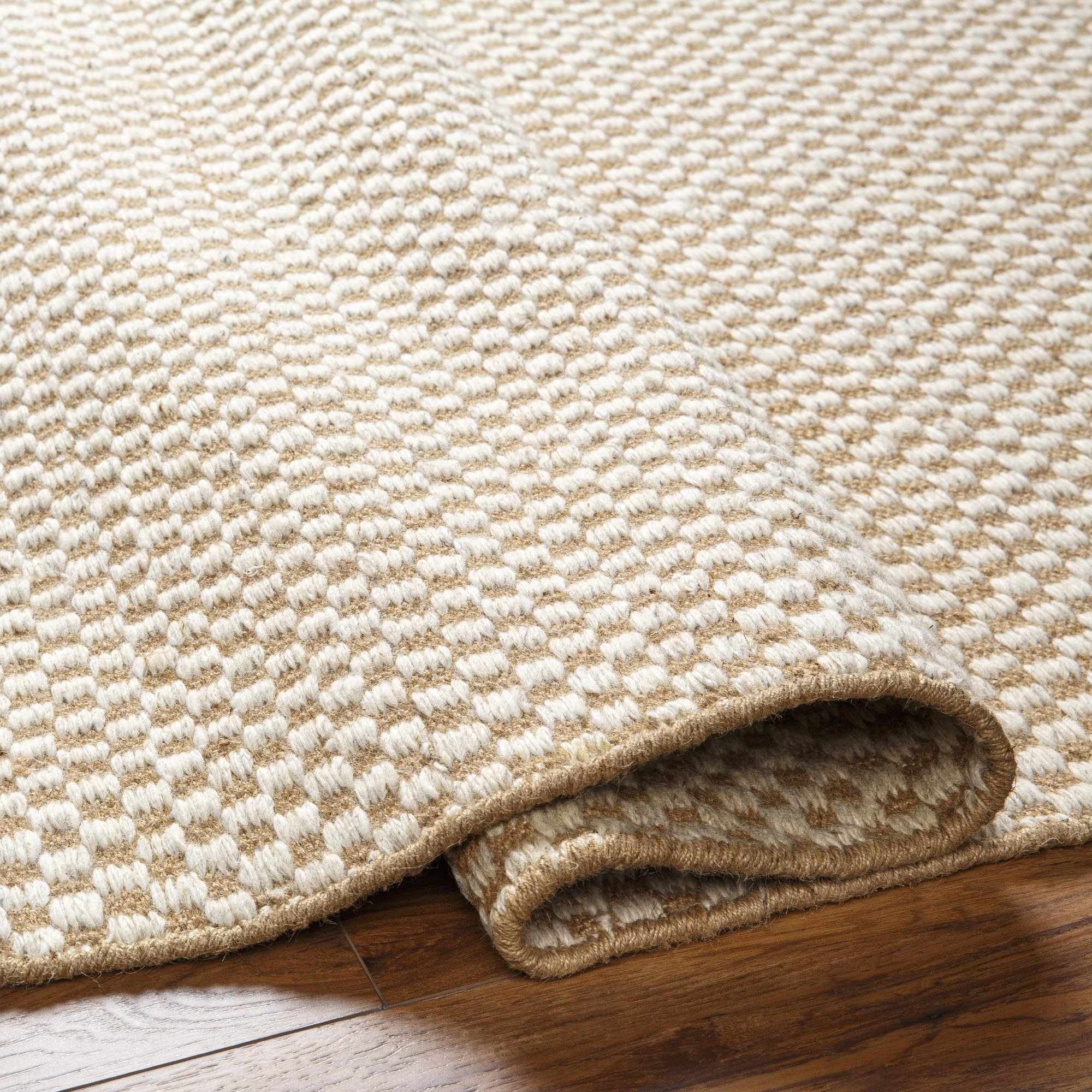 Exceptional Checkered Cream Hand Woven Jute & Wool Area Rug