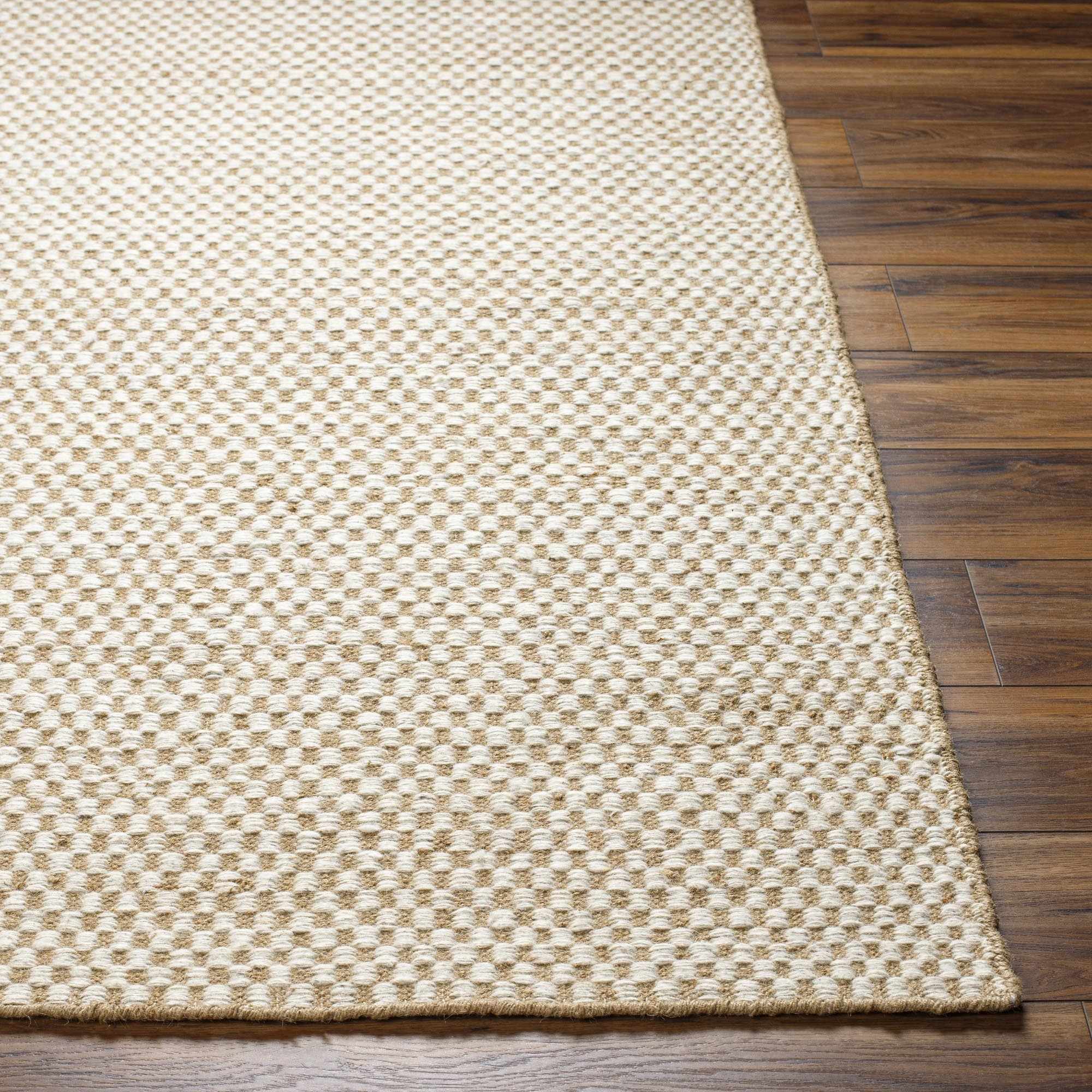 Exceptional Checkered Cream Hand Woven Jute & Wool Area Rug