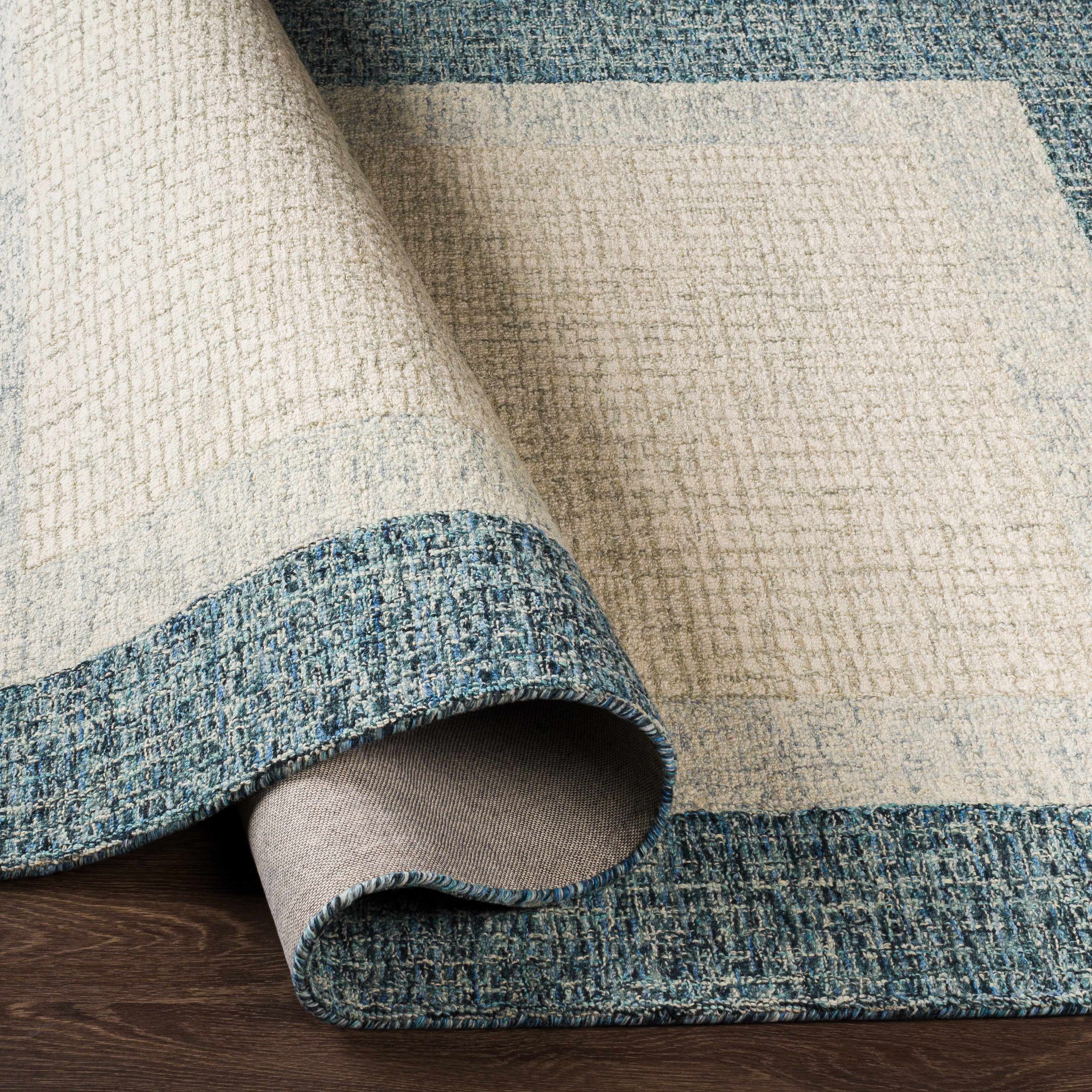 Modern Border Pattern Teal Wool Hand Tufted Area Rug